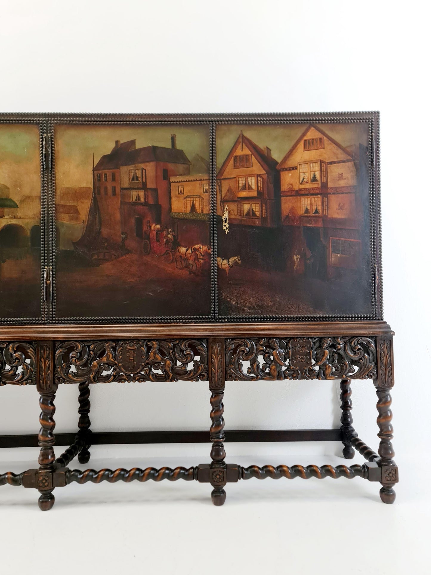 Extraordinary 1920s Ornate Carved Wood Buffet Cabinet with Hand-Painted Leather