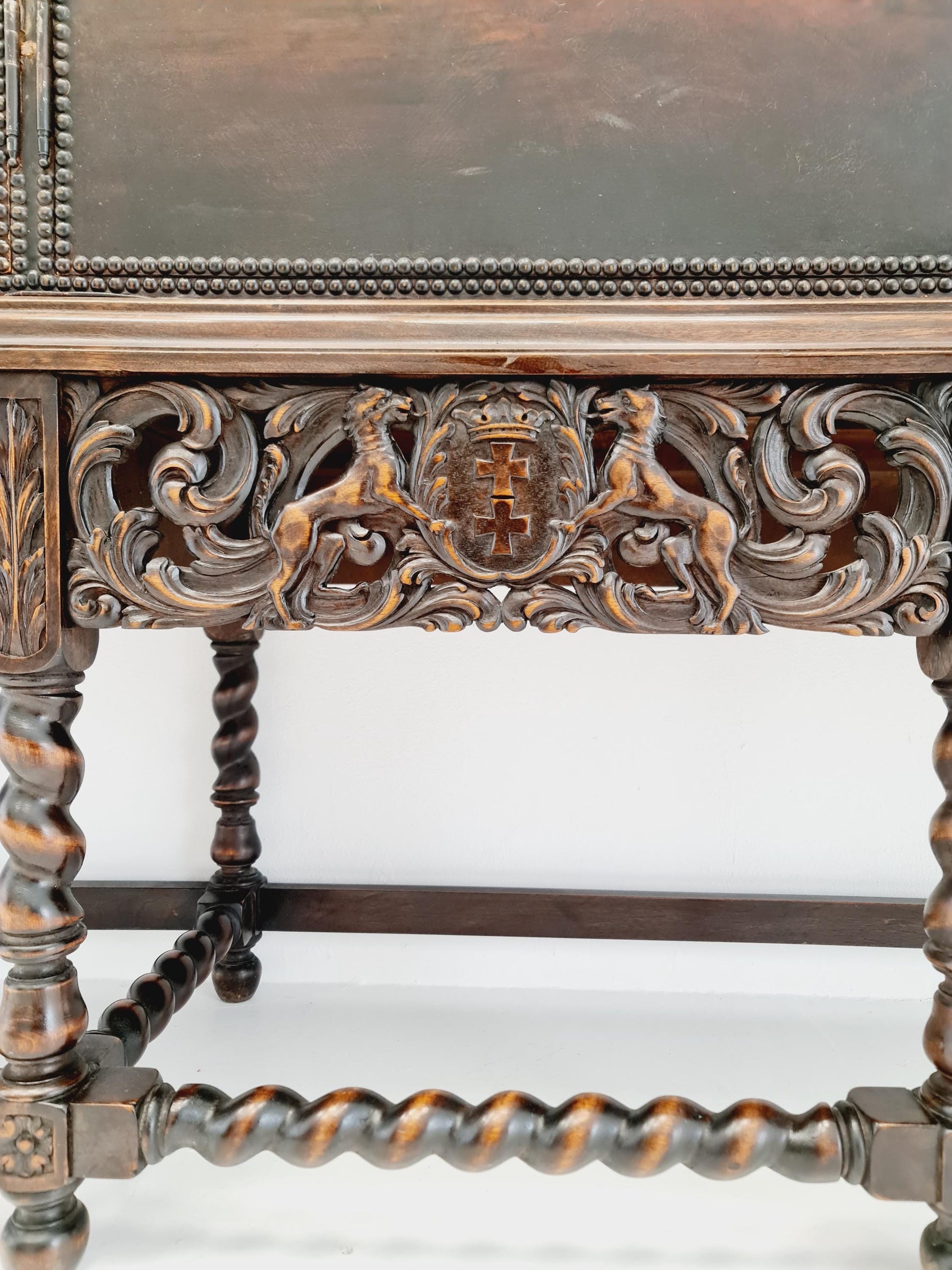Extraordinary 1920s Ornate Carved Wood Buffet Cabinet with Hand-Painted Leather