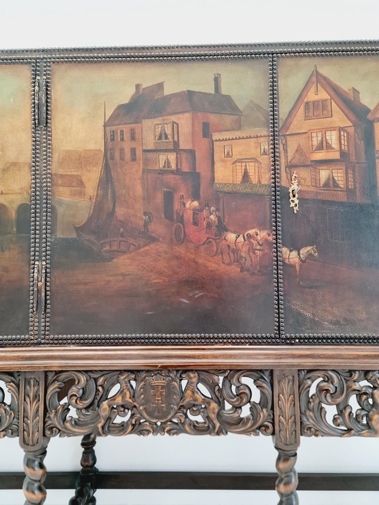 Extraordinary 1920s Ornate Carved Wood Buffet Cabinet with Hand-Painted Leather