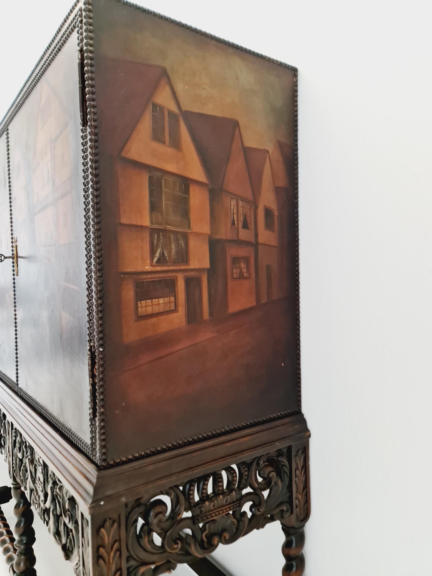 Extraordinary 1920s Ornate Carved Wood Buffet Cabinet with Hand-Painted Leather