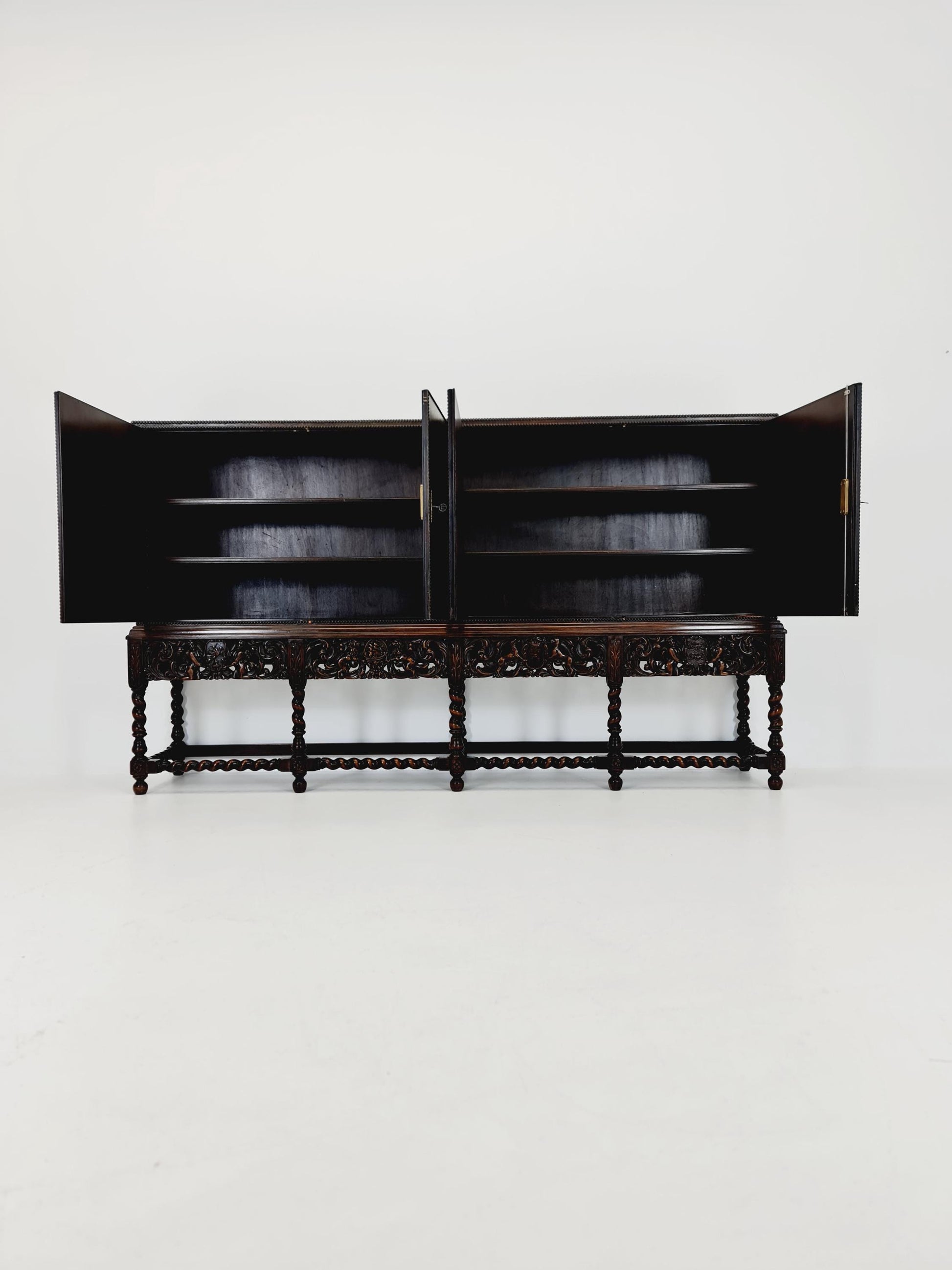 Extraordinary 1920s Ornate Carved Wood Buffet Cabinet with Hand-Painted Leather