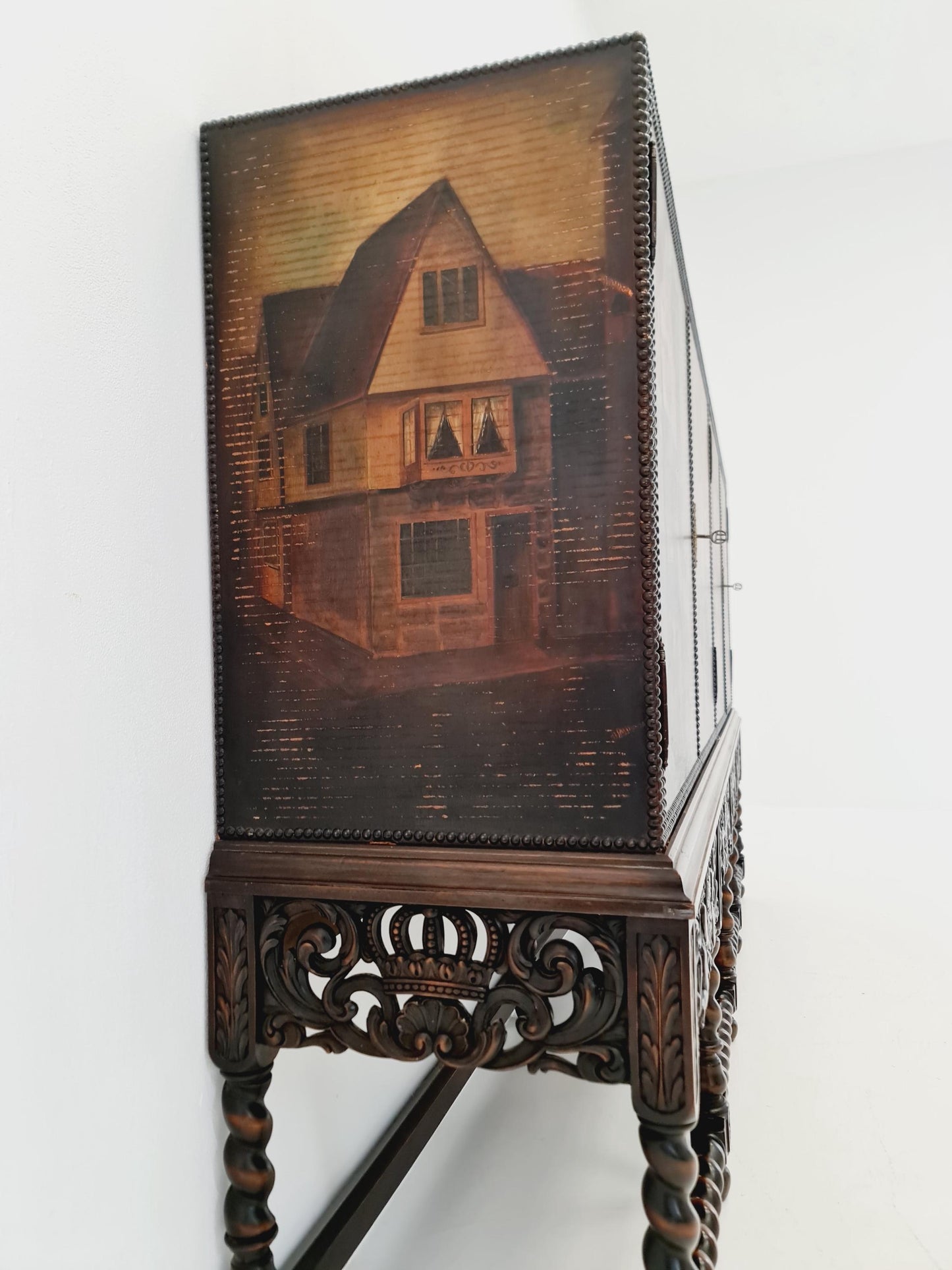 Extraordinary 1920s Ornate Carved Wood Buffet Cabinet with Hand-Painted Leather