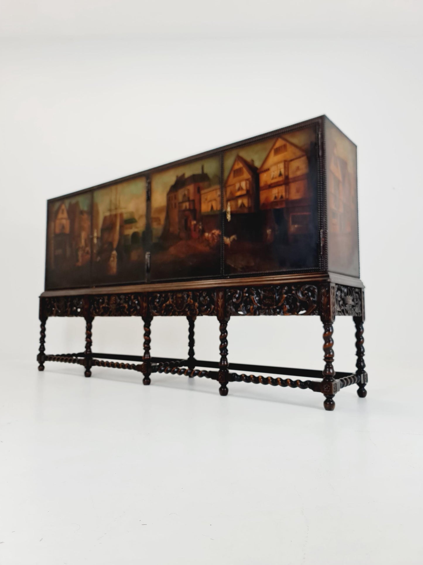 Extraordinary 1920s Ornate Carved Wood Buffet Cabinet with Hand-Painted Leather