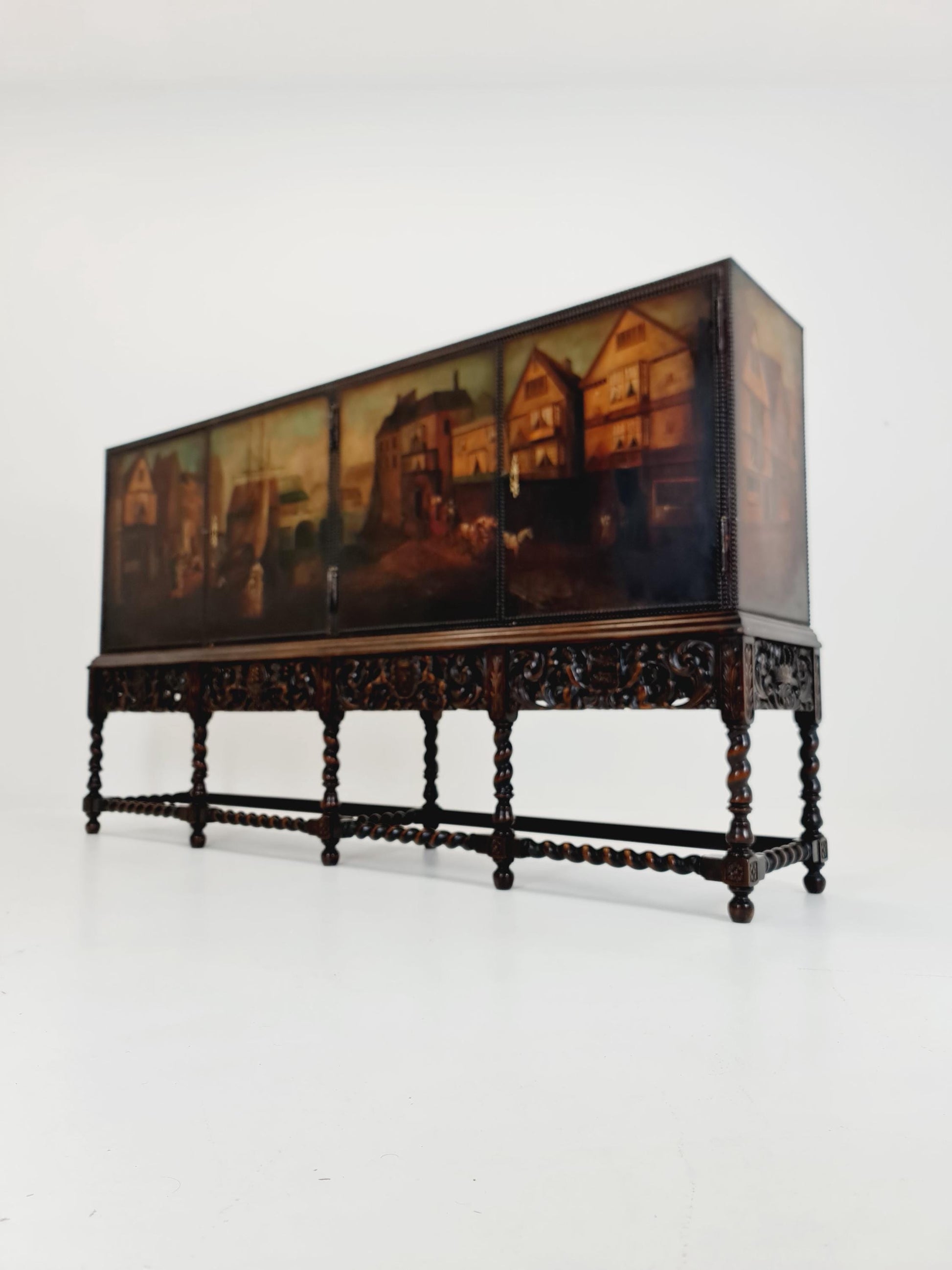Extraordinary 1920s Ornate Carved Wood Buffet Cabinet with Hand-Painted Leather