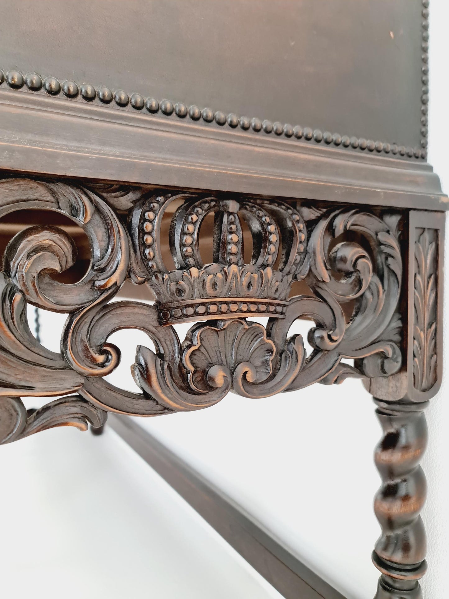 Extraordinary 1920s Ornate Carved Wood Buffet Cabinet with Hand-Painted Leather