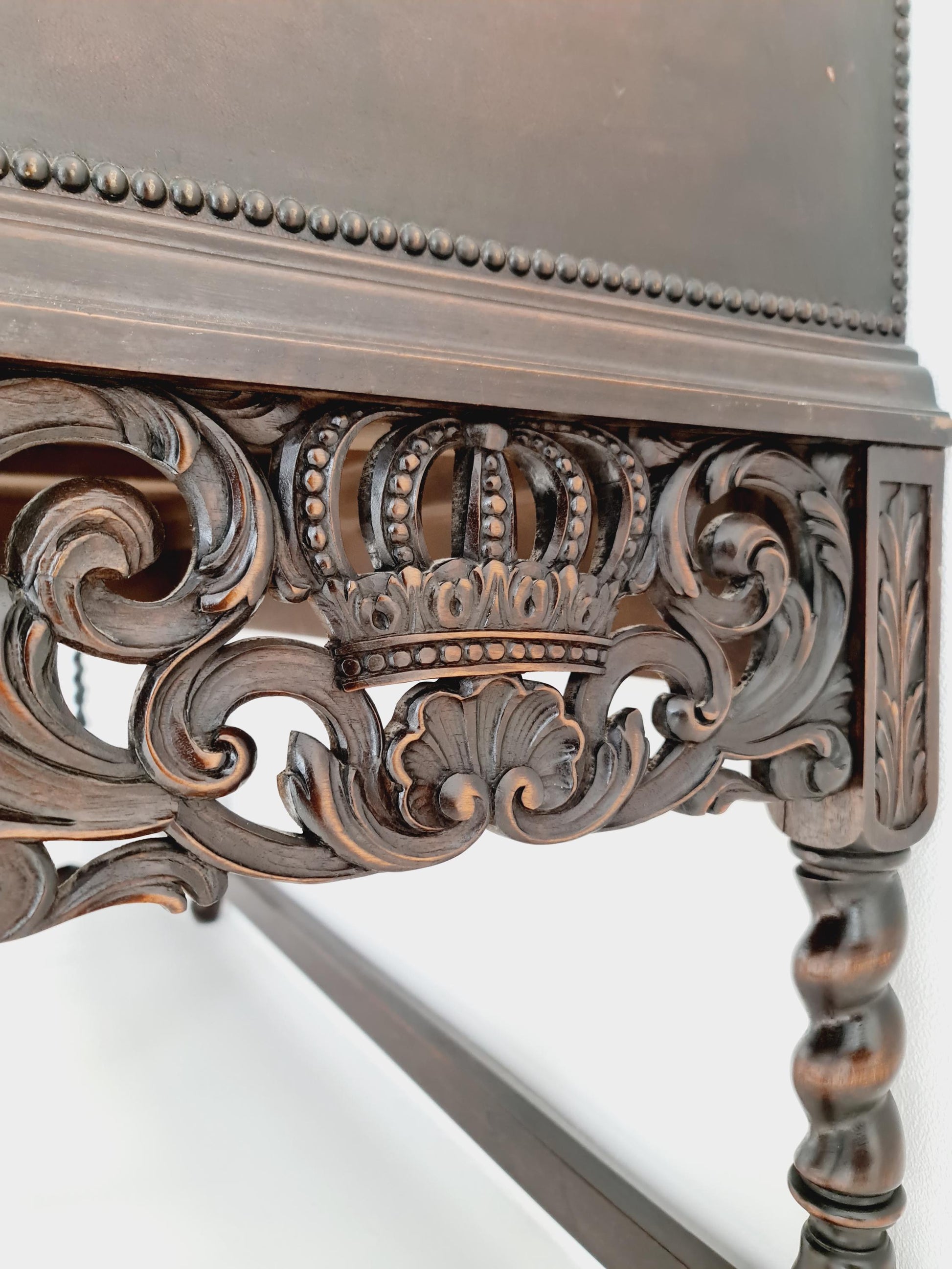 Extraordinary 1920s Ornate Carved Wood Buffet Cabinet with Hand-Painted Leather