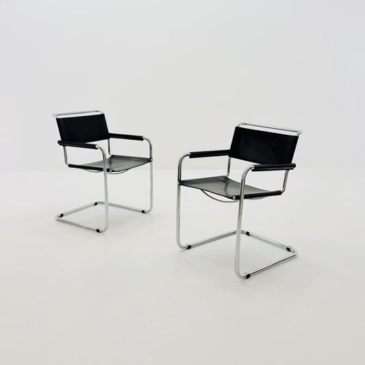 1 of 25 Mid Century Bauhaus S34 Cantilever Armchair by Mart Stam for Italia Mobilia, Black Leather & Chrome, Italy 1980s