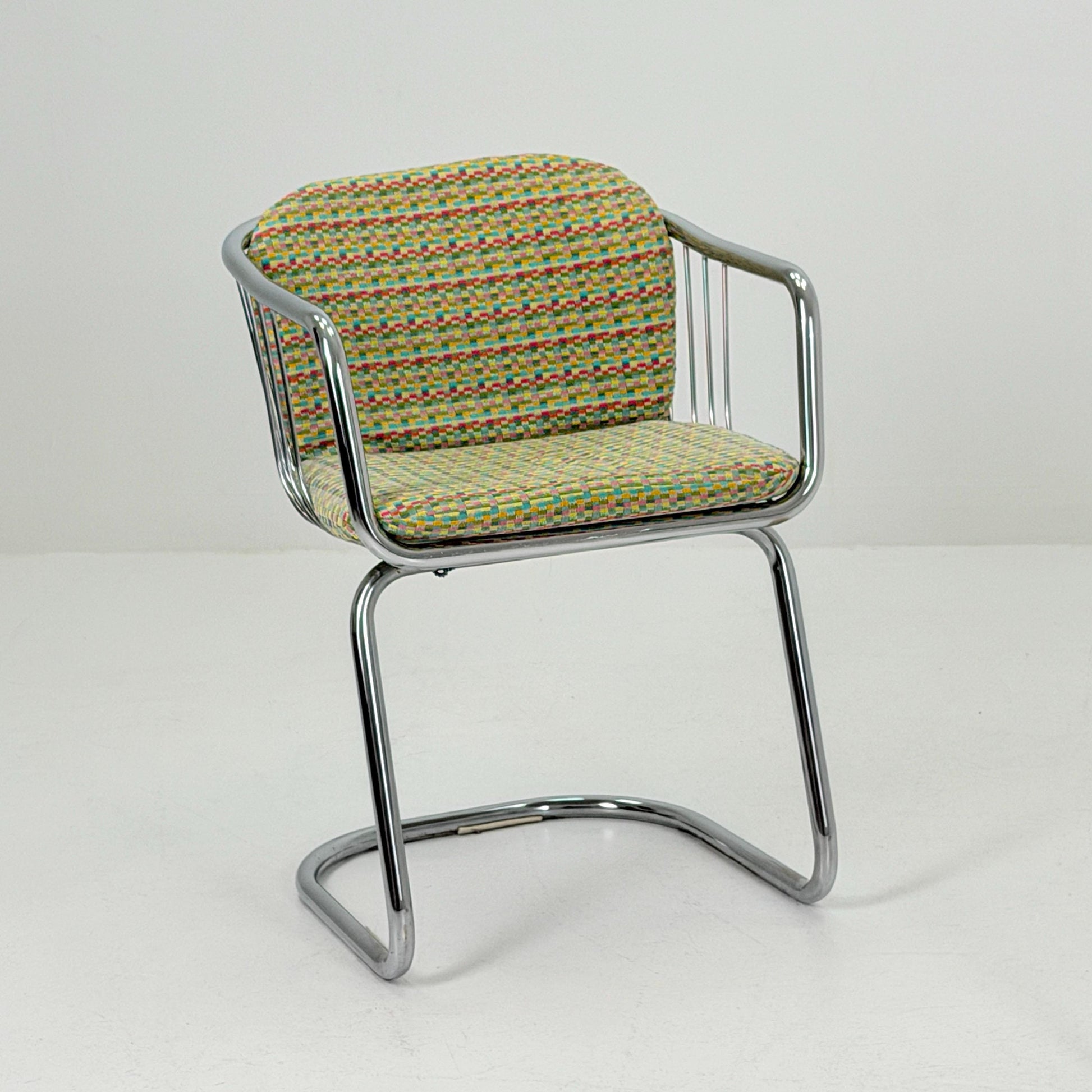 Set of 2 Mid-Century Dining Armchairs by Gastone Rinaldi – Chrome Frame, Green & Red Retro Upholstery, Italy 1970s