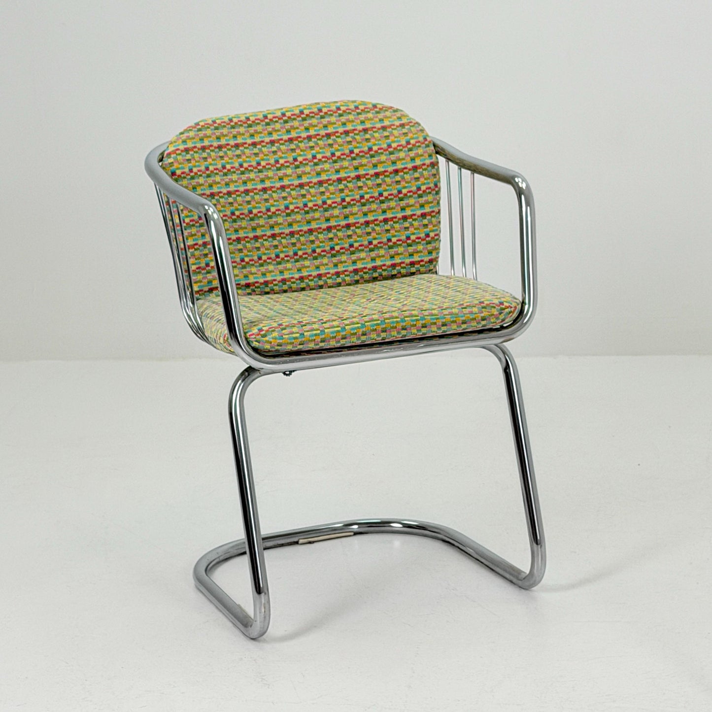 Set of 2 Mid-Century Dining Armchairs by Gastone Rinaldi – Chrome Frame, Green & Red Retro Upholstery, Italy 1970s