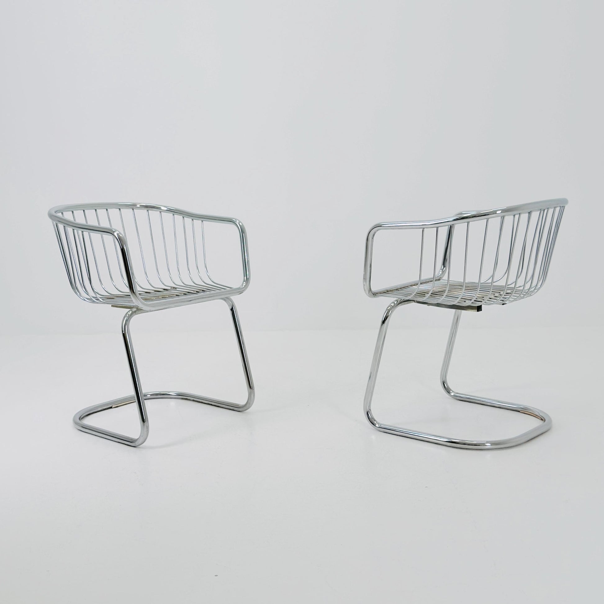 Set of 2 Mid-Century Dining Armchairs by Gastone Rinaldi – Chrome Frame, Green & Red Retro Upholstery, Italy 1970s