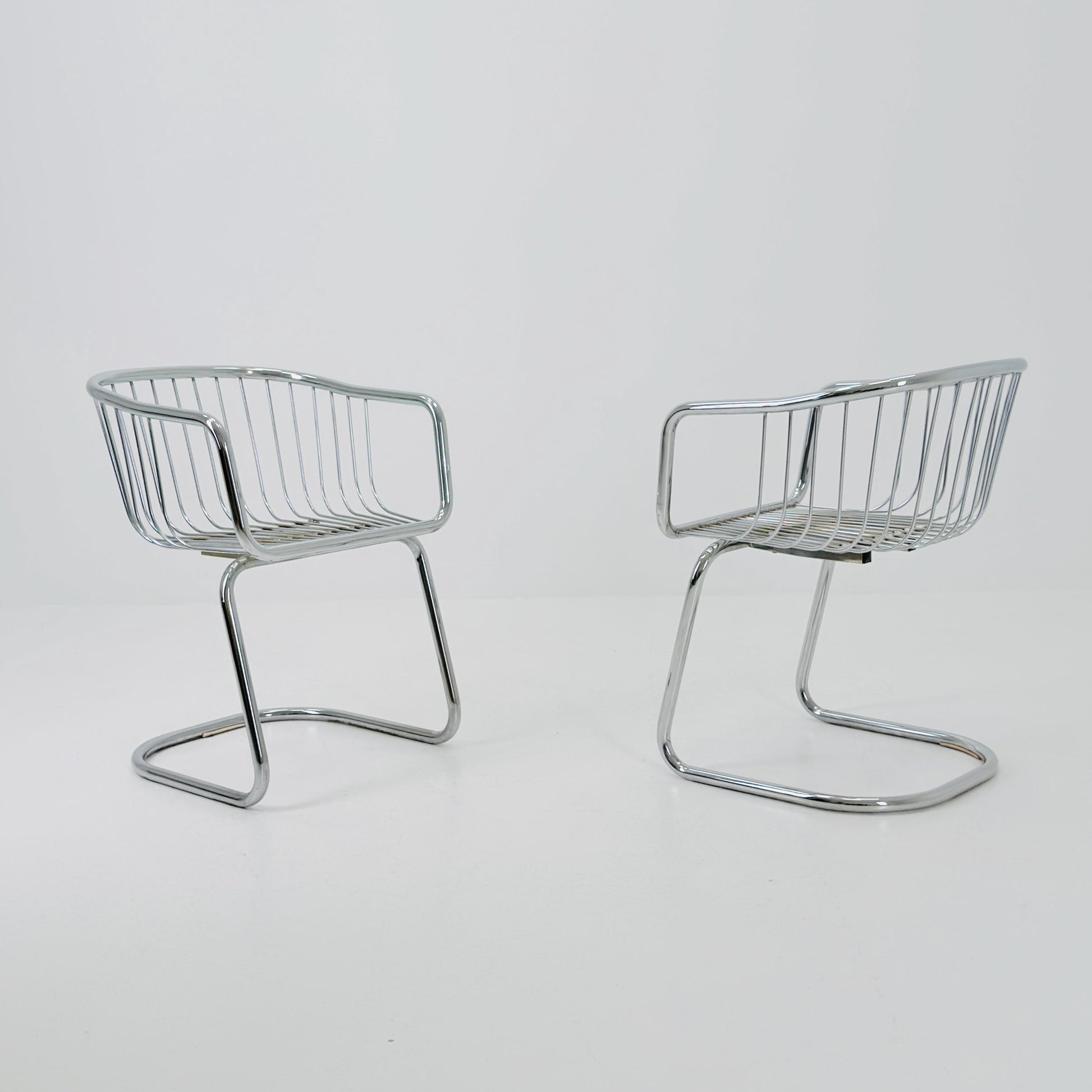 Set of 2 Mid-Century Dining Armchairs by Gastone Rinaldi – Chrome Frame, Green & Red Retro Upholstery, Italy 1970s