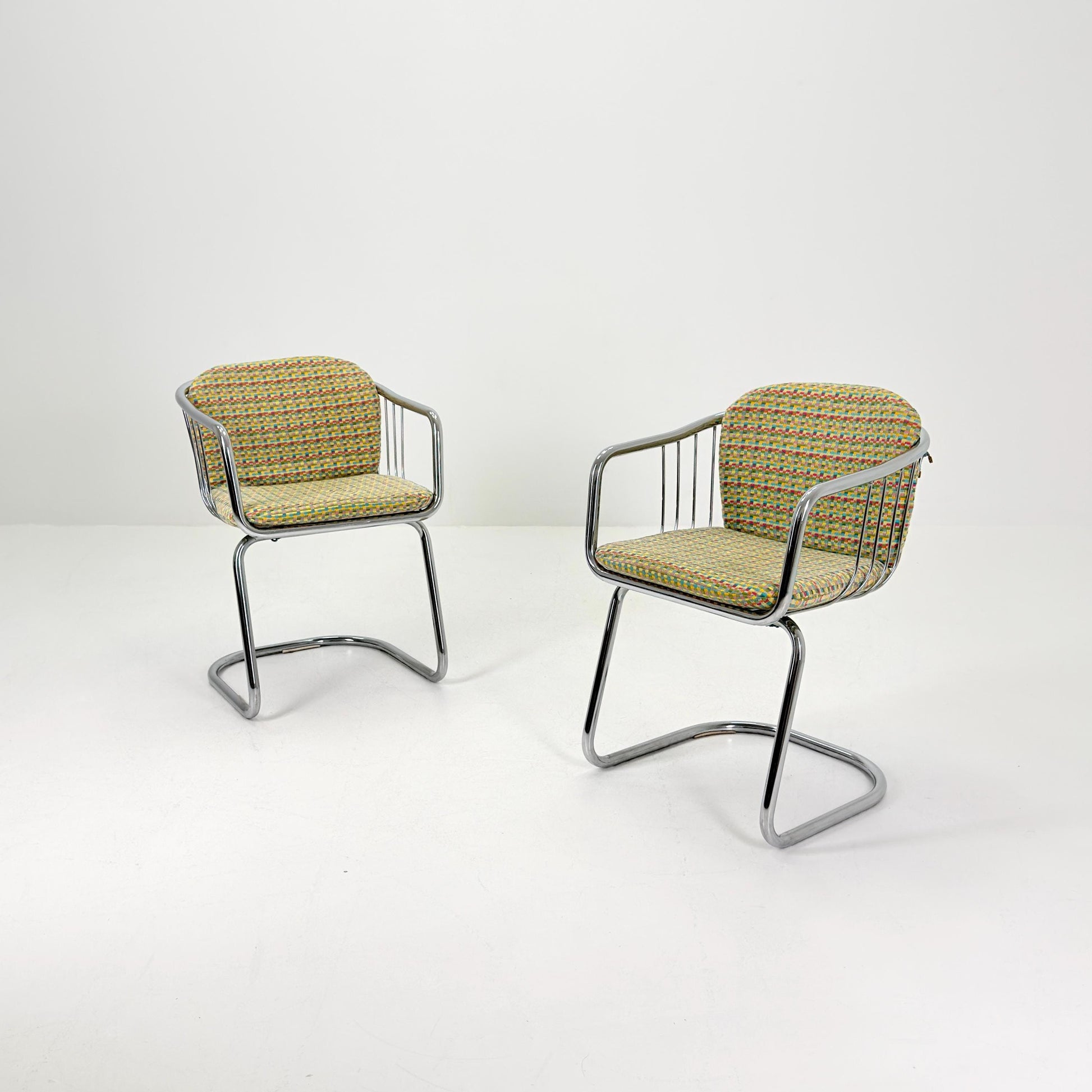 Set of 2 Mid-Century Dining Armchairs by Gastone Rinaldi – Chrome Frame, Green & Red Retro Upholstery, Italy 1970s