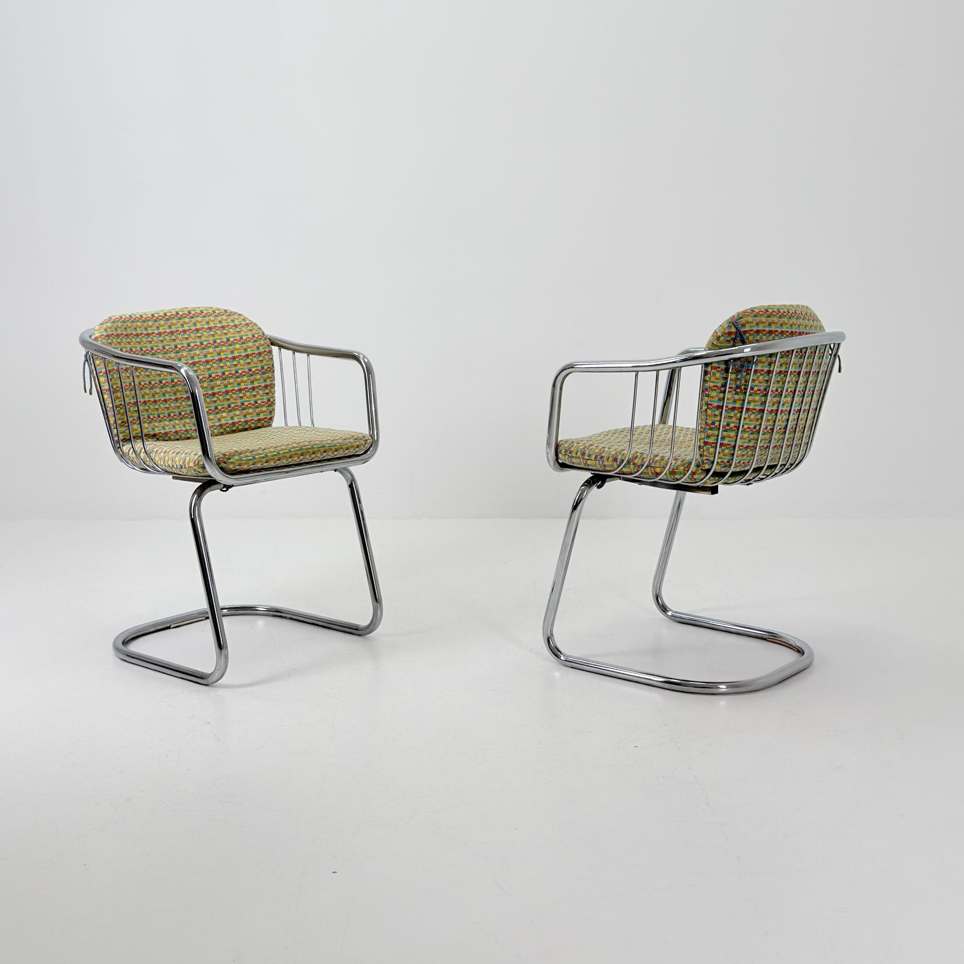 Set of 2 Mid-Century Dining Armchairs by Gastone Rinaldi – Chrome Frame, Green & Red Retro Upholstery, Italy 1970s