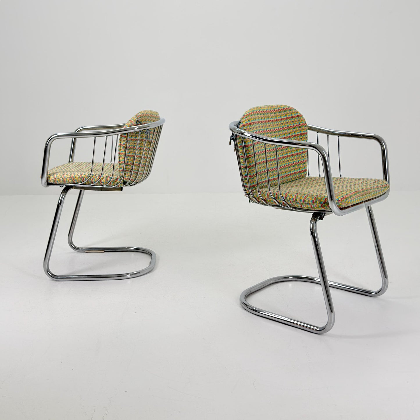 Set of 2 Mid-Century Dining Armchairs by Gastone Rinaldi – Chrome Frame, Green & Red Retro Upholstery, Italy 1970s