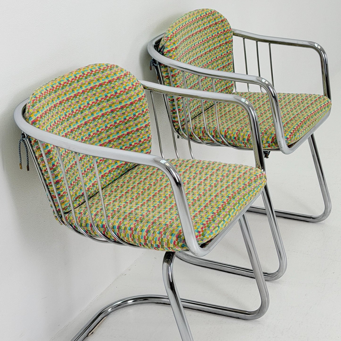 Set of 2 Mid-Century Dining Armchairs by Gastone Rinaldi – Chrome Frame, Green & Red Retro Upholstery, Italy 1970s