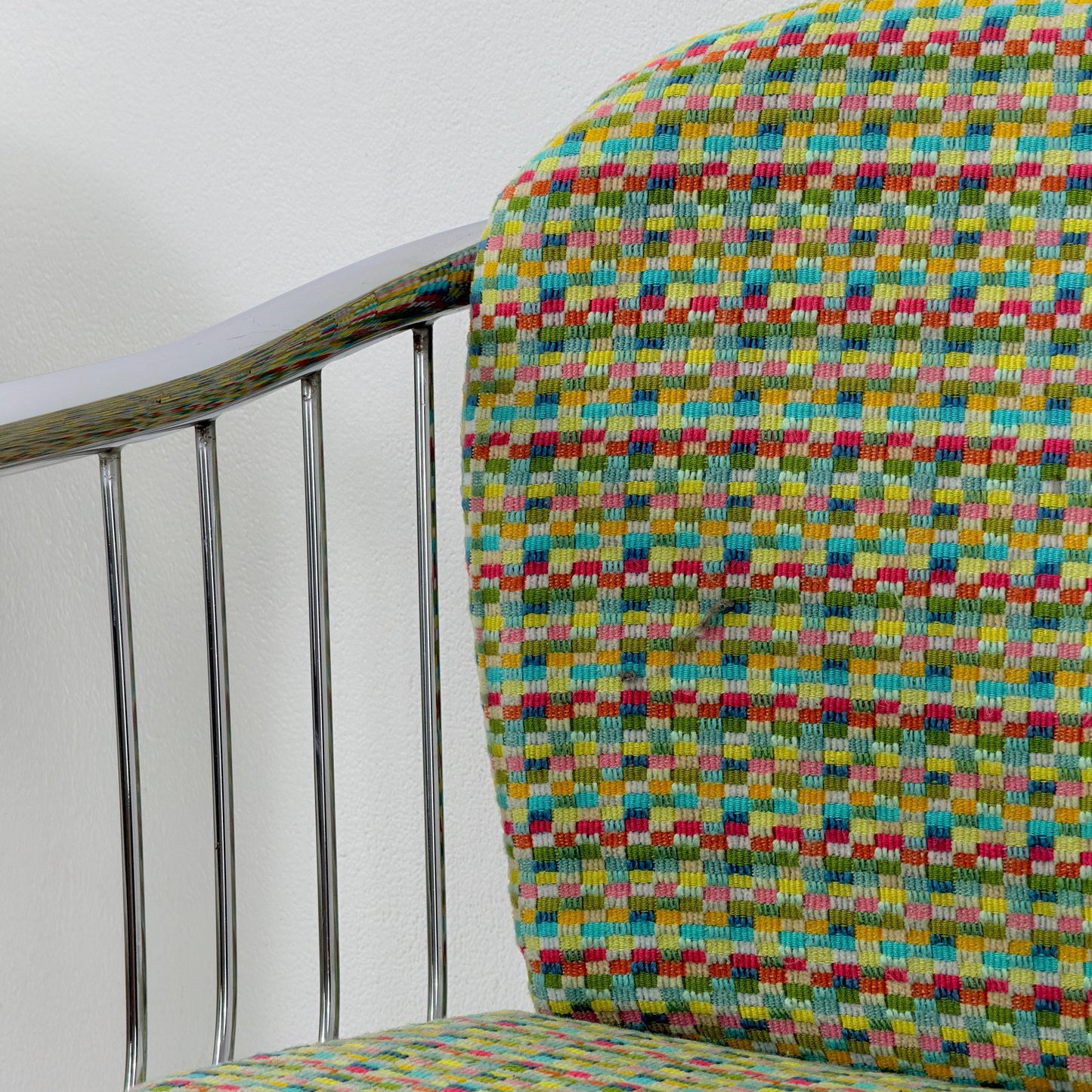 Set of 2 Mid-Century Dining Armchairs by Gastone Rinaldi – Chrome Frame, Green & Red Retro Upholstery, Italy 1970s