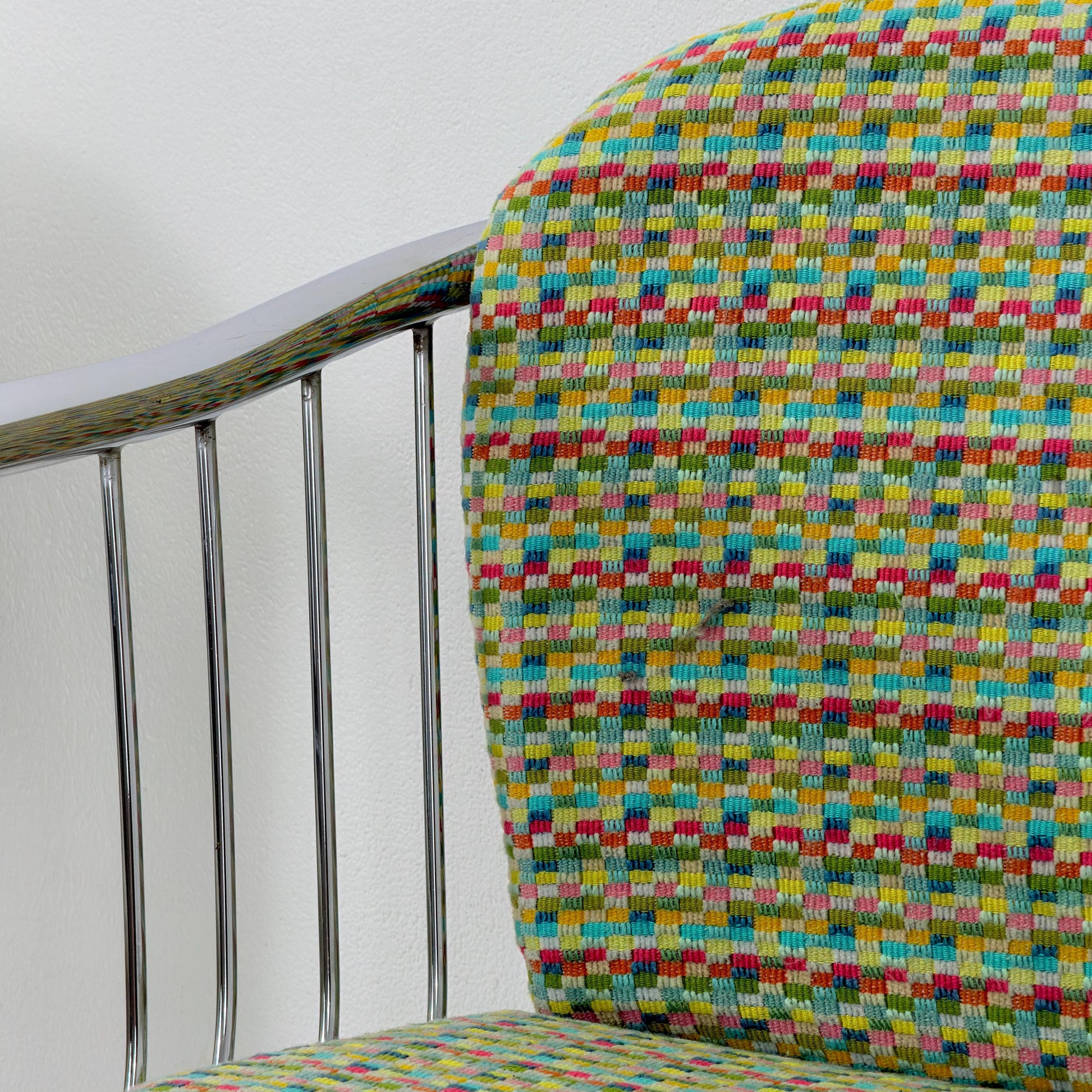 Set of 2 Mid-Century Dining Armchairs by Gastone Rinaldi – Chrome Frame, Green & Red Retro Upholstery, Italy 1970s