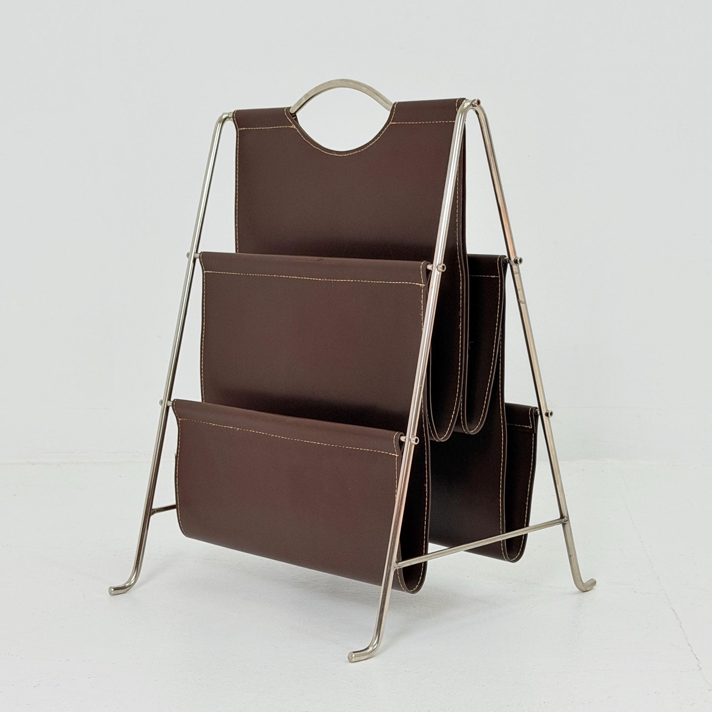 Mid-Century Bauhaus Brown Leather Magazine Rack – Germany, 1980s