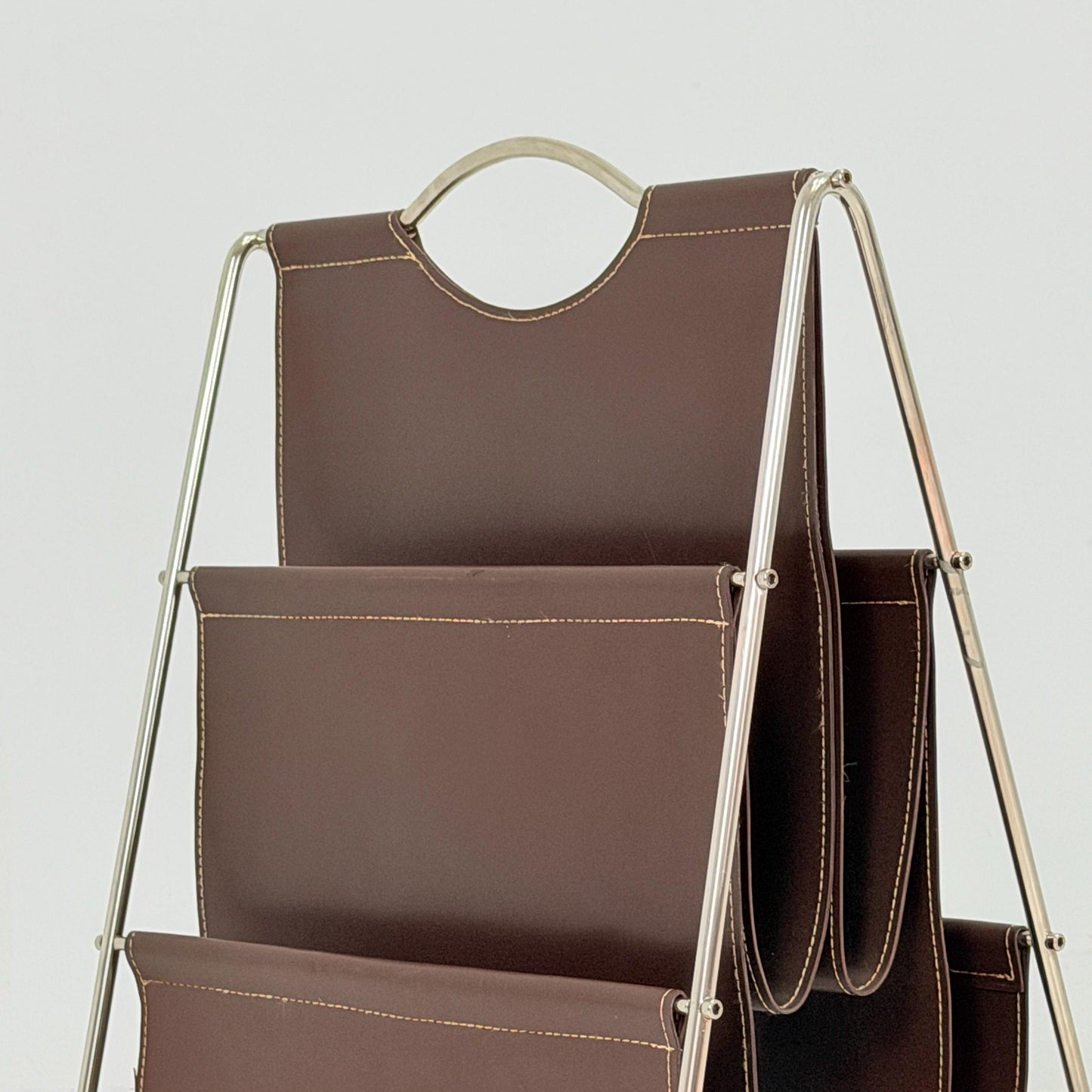 Mid-Century Bauhaus Brown Leather Magazine Rack – Germany, 1980s