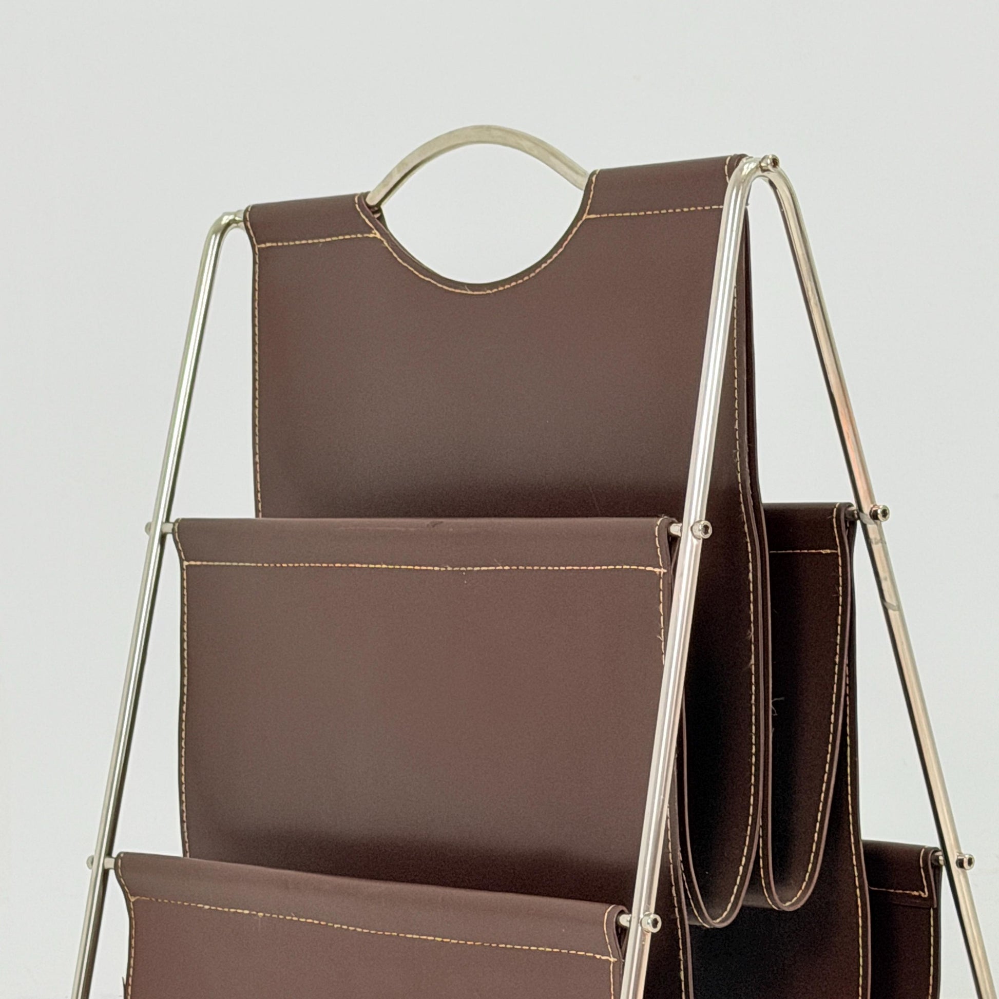 Mid-Century Bauhaus Brown Leather Magazine Rack – Germany, 1980s