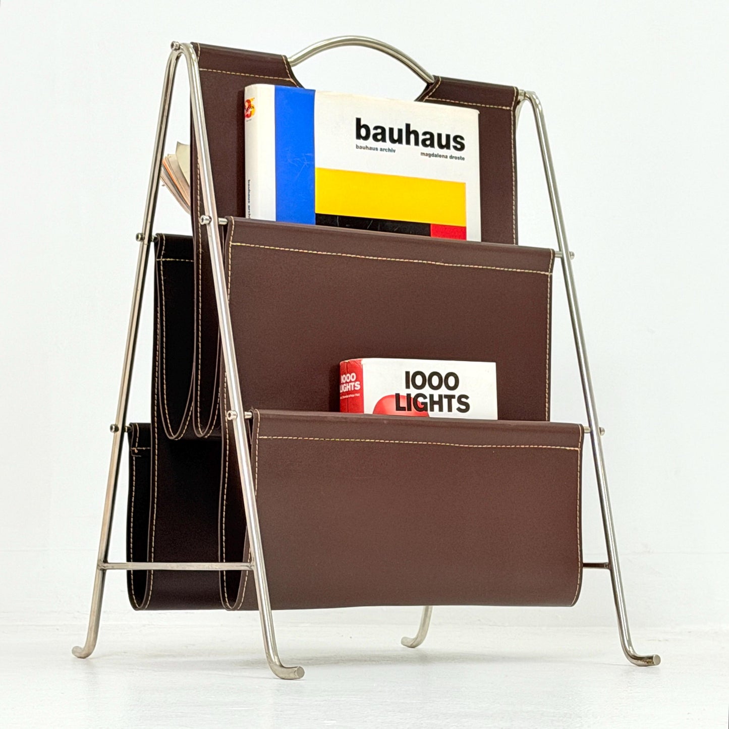 Mid-Century Bauhaus Brown Leather Magazine Rack – Germany, 1980s