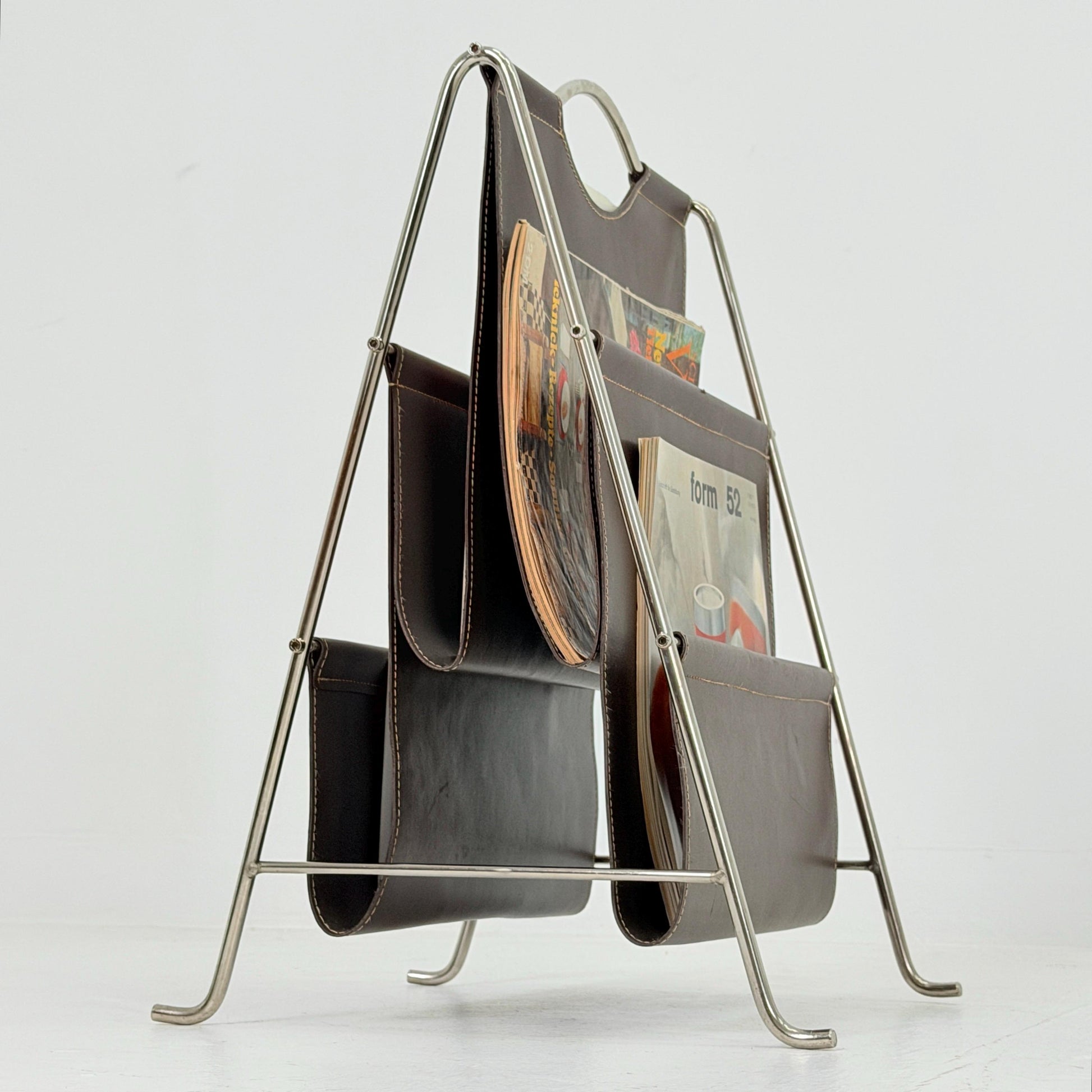Mid-Century Bauhaus Brown Leather Magazine Rack – Germany, 1980s