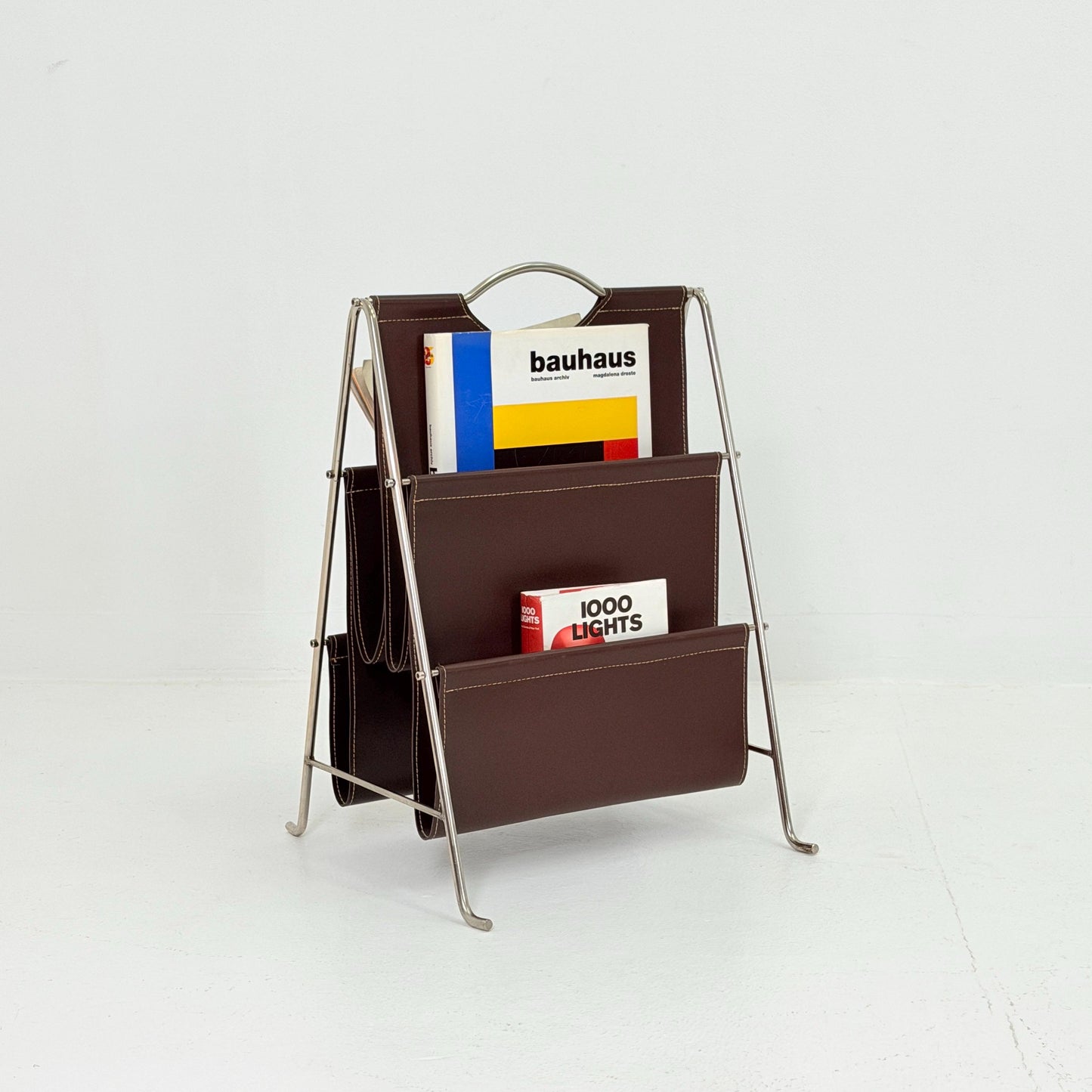 Mid-Century Bauhaus Brown Leather Magazine Rack – Germany, 1980s