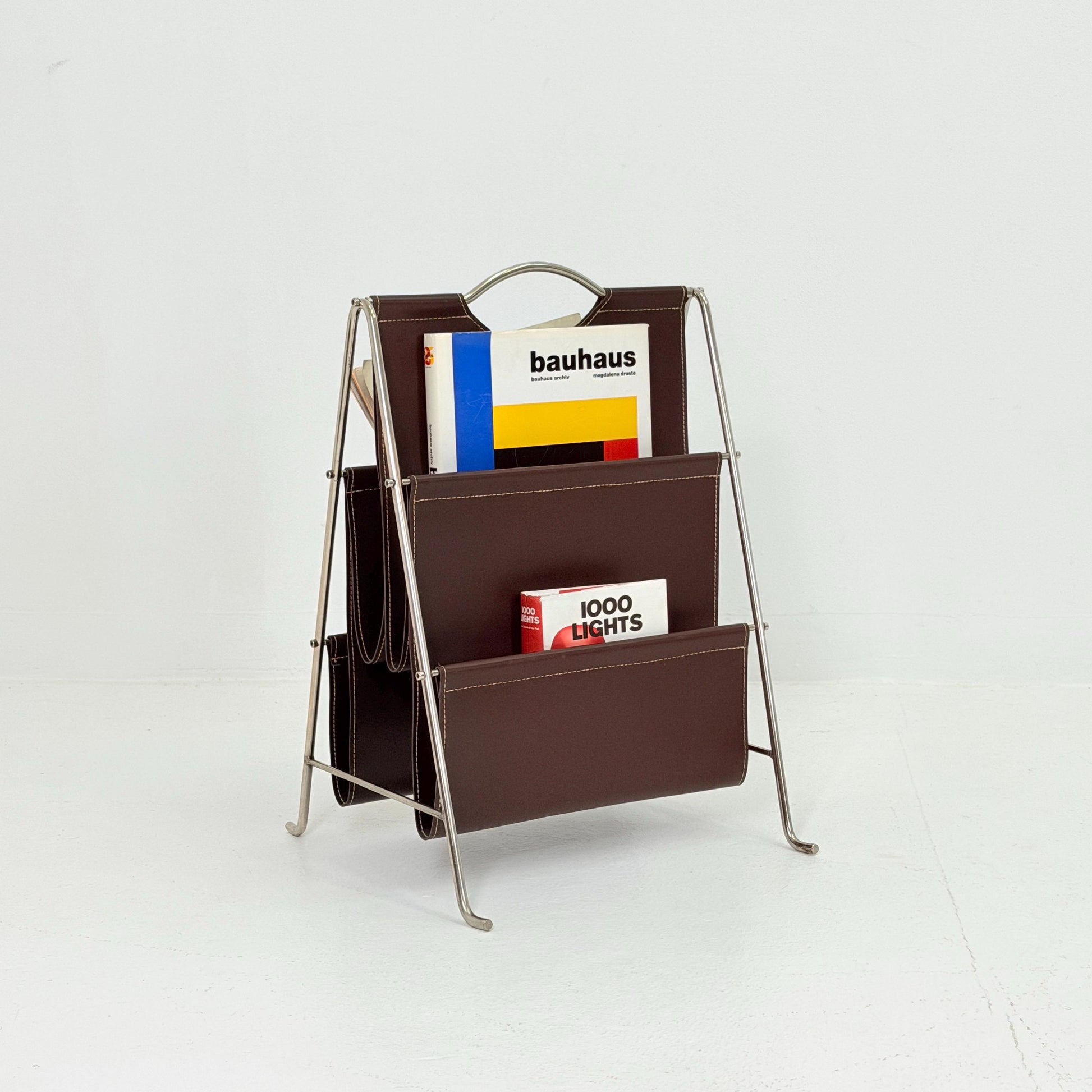Mid-Century Bauhaus Brown Leather Magazine Rack – Germany, 1980s
