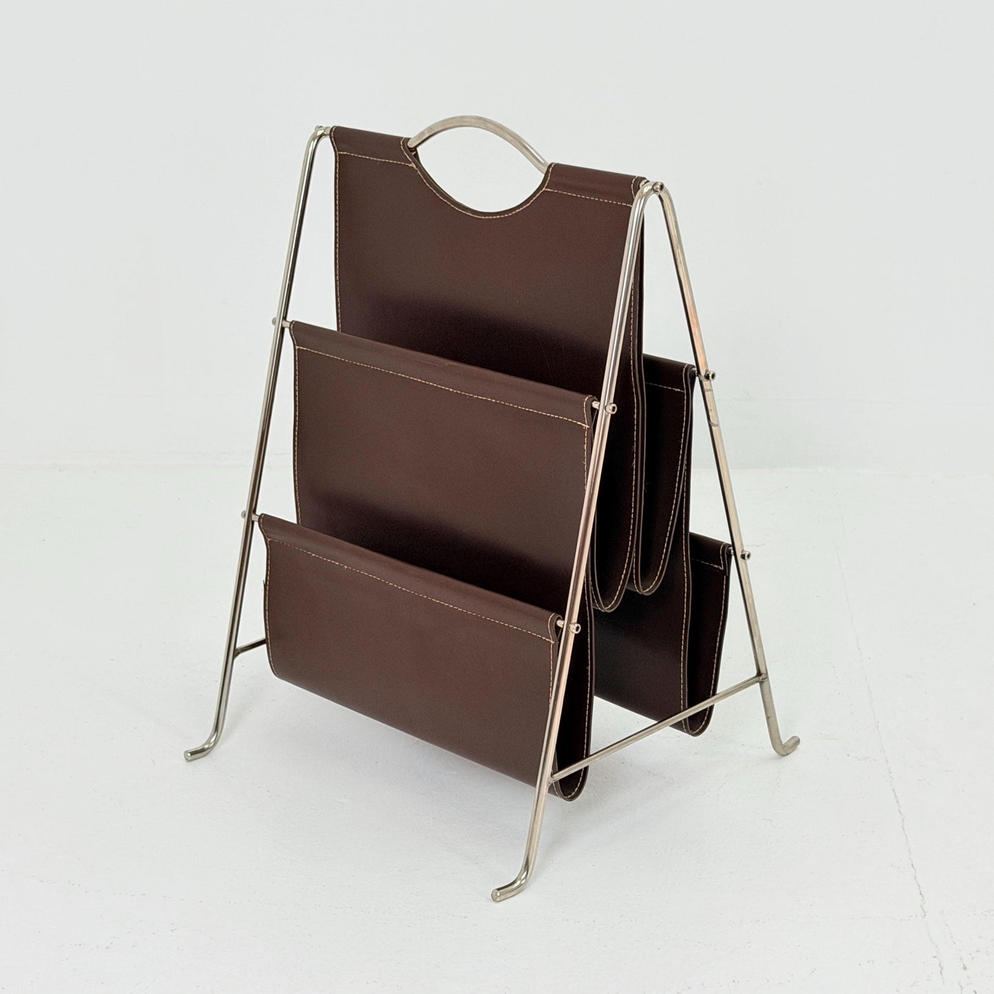 Mid-Century Bauhaus Brown Leather Magazine Rack – Germany, 1980s