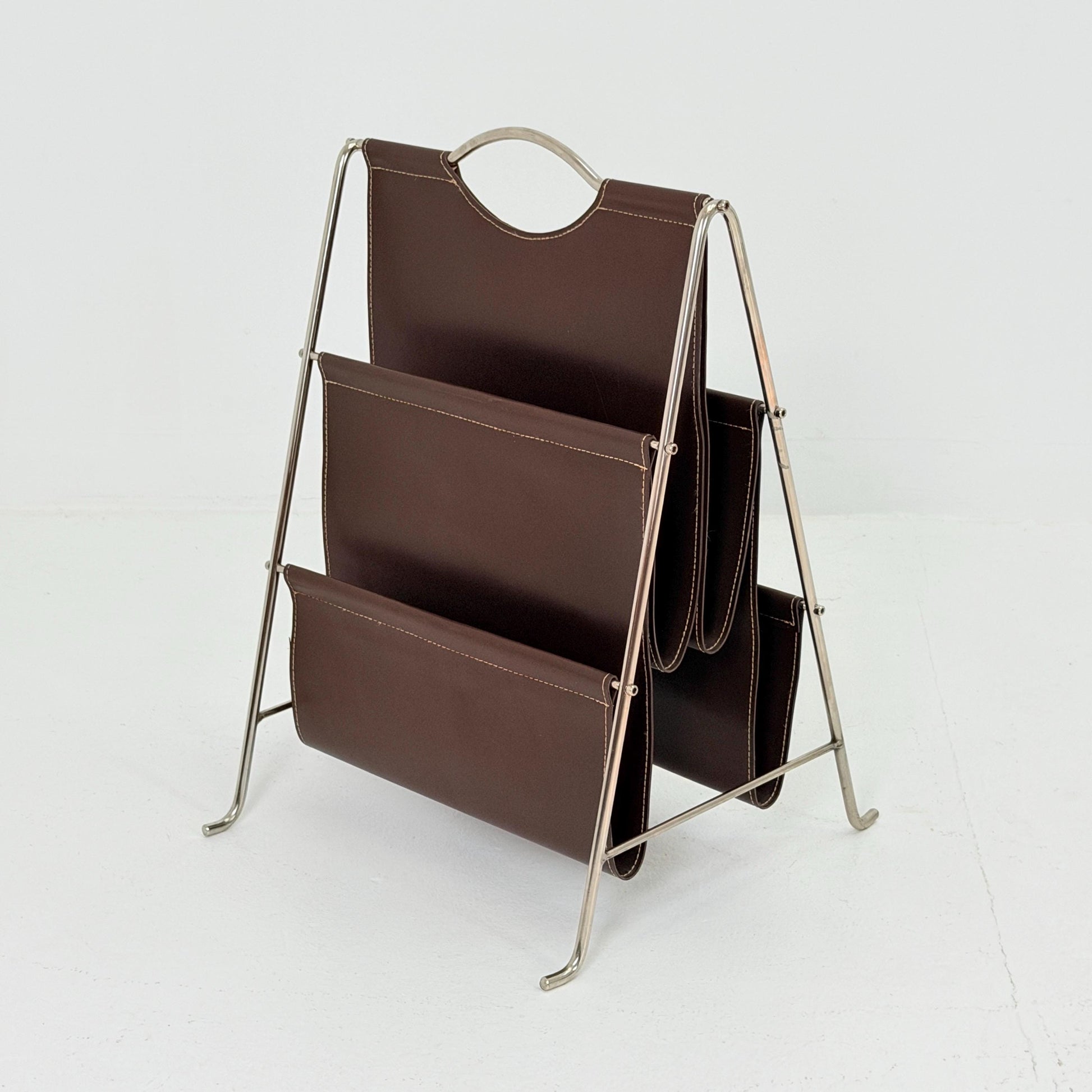 Mid-Century Bauhaus Brown Leather Magazine Rack – Germany, 1980s