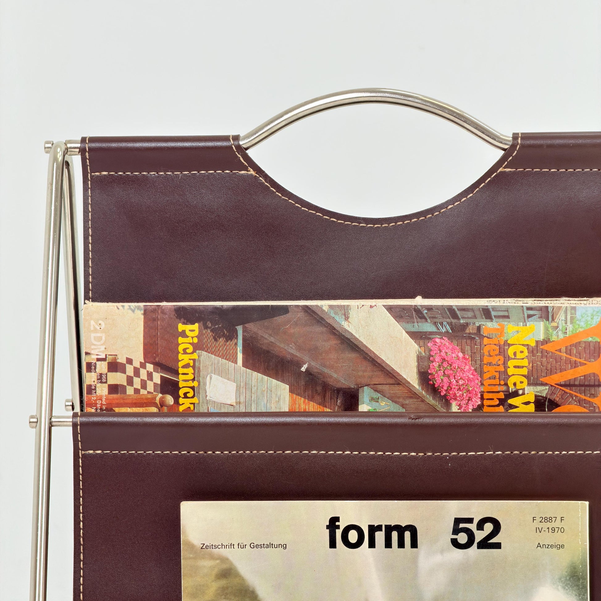 Mid-Century Bauhaus Brown Leather Magazine Rack – Germany, 1980s