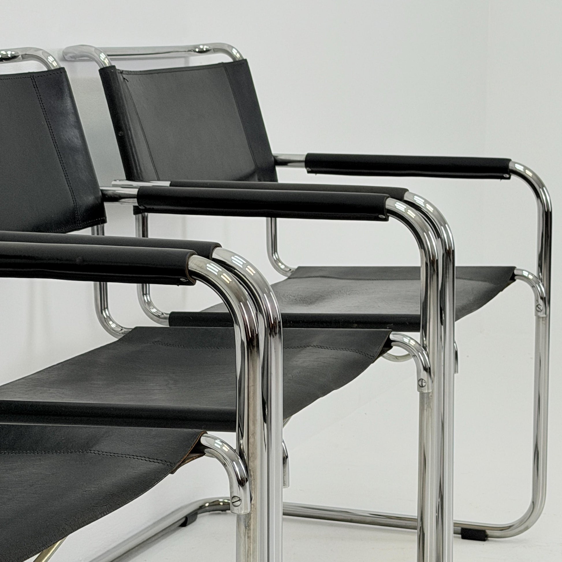 Set of 3 Iconic Black Leather S34 Cantilever Chairs by Mart Stam for Thonet – Bauhaus Design, 1980s