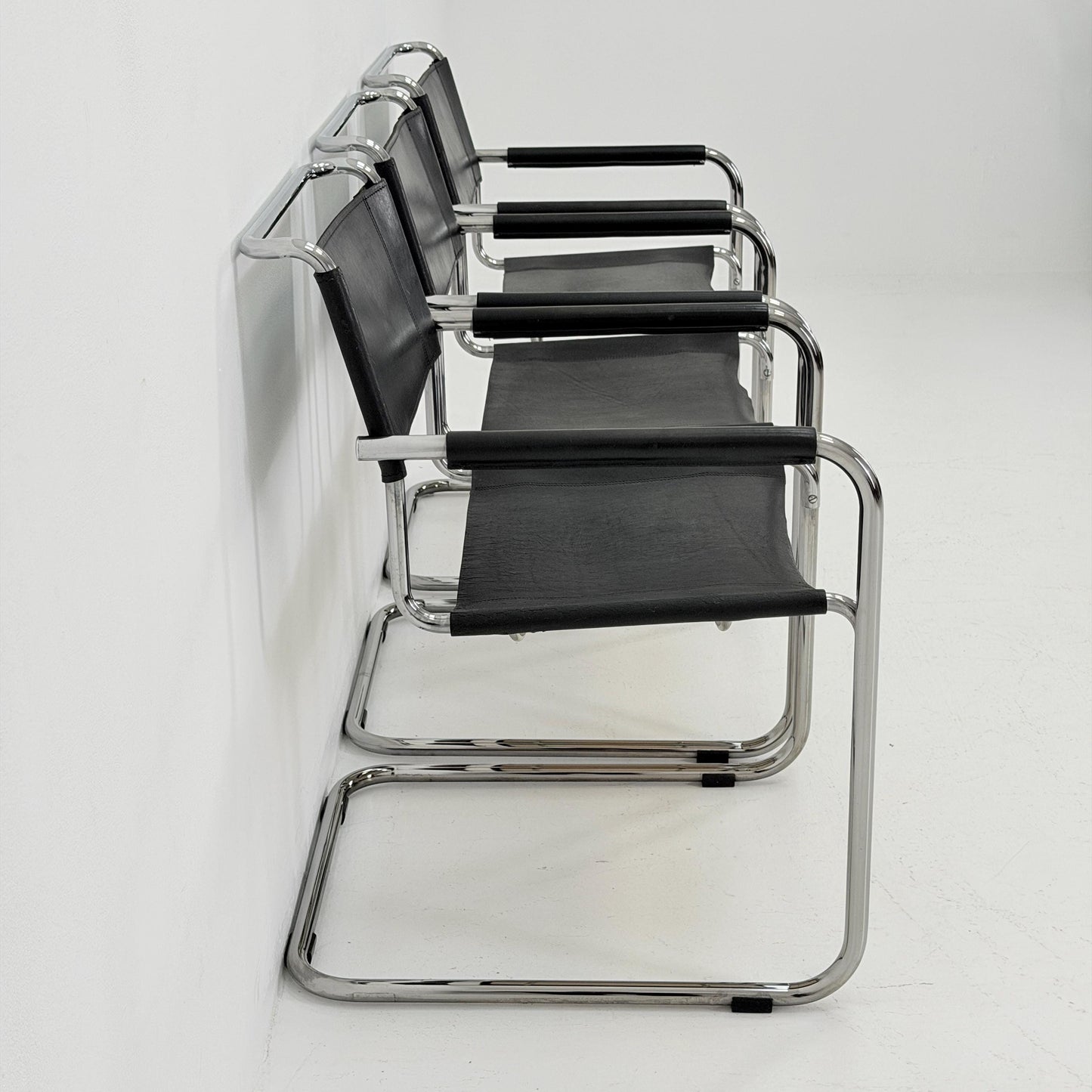Set of 3 Iconic Black Leather S34 Cantilever Chairs by Mart Stam for Thonet – Bauhaus Design, 1980s