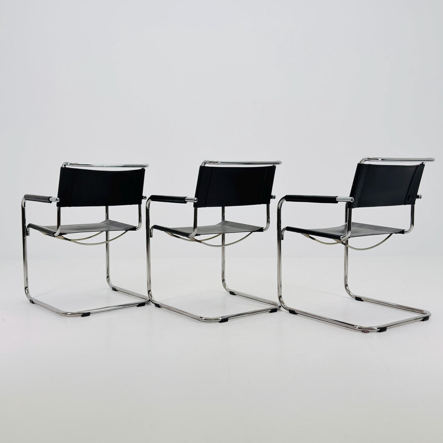 Set of 3 Iconic Black Leather S34 Cantilever Chairs by Mart Stam for Thonet – Bauhaus Design, 1980s