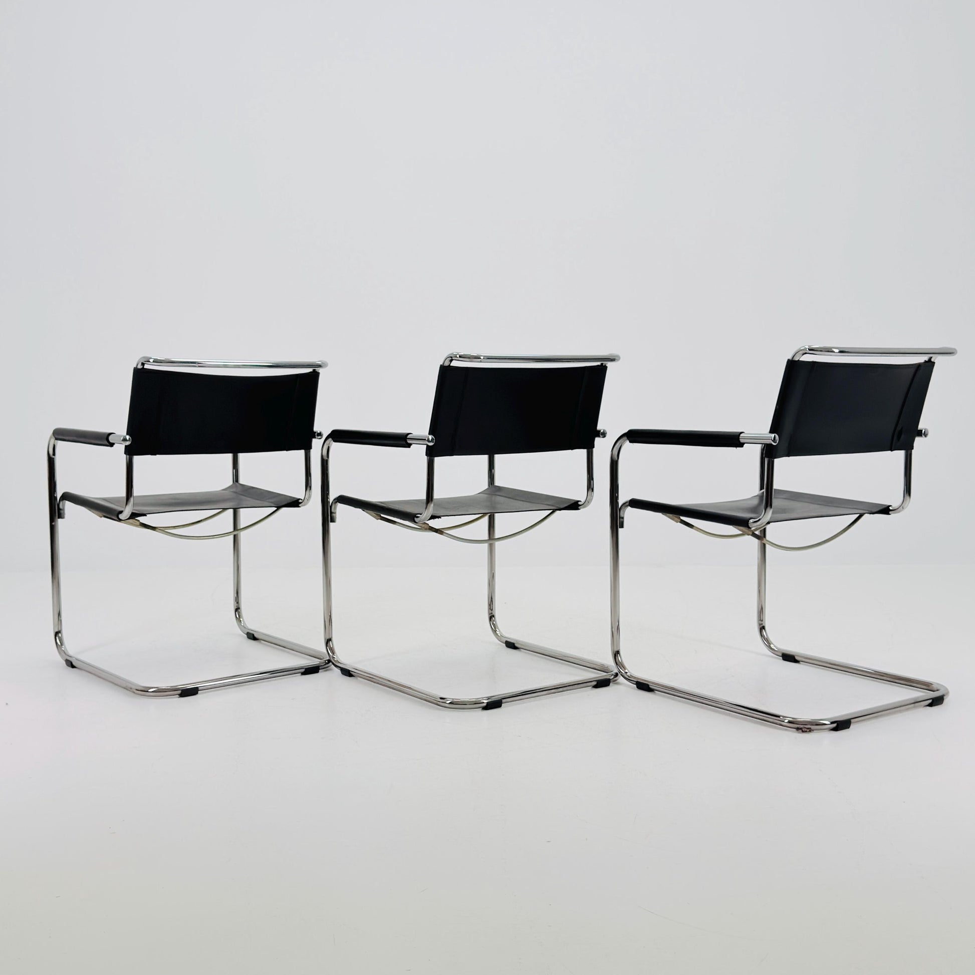 Set of 3 Iconic Black Leather S34 Cantilever Chairs by Mart Stam for Thonet – Bauhaus Design, 1980s