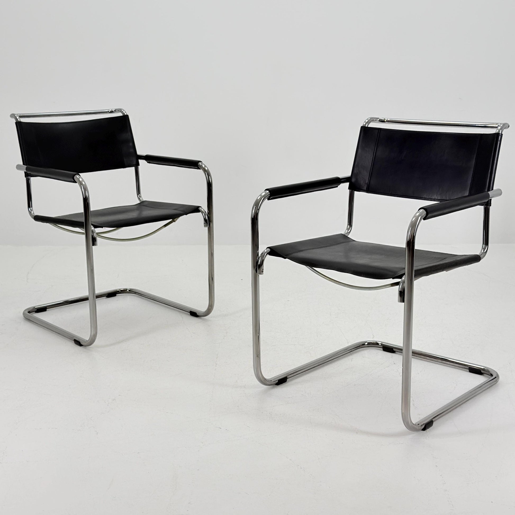 Set of 3 Iconic Black Leather S34 Cantilever Chairs by Mart Stam for Thonet – Bauhaus Design, 1980s