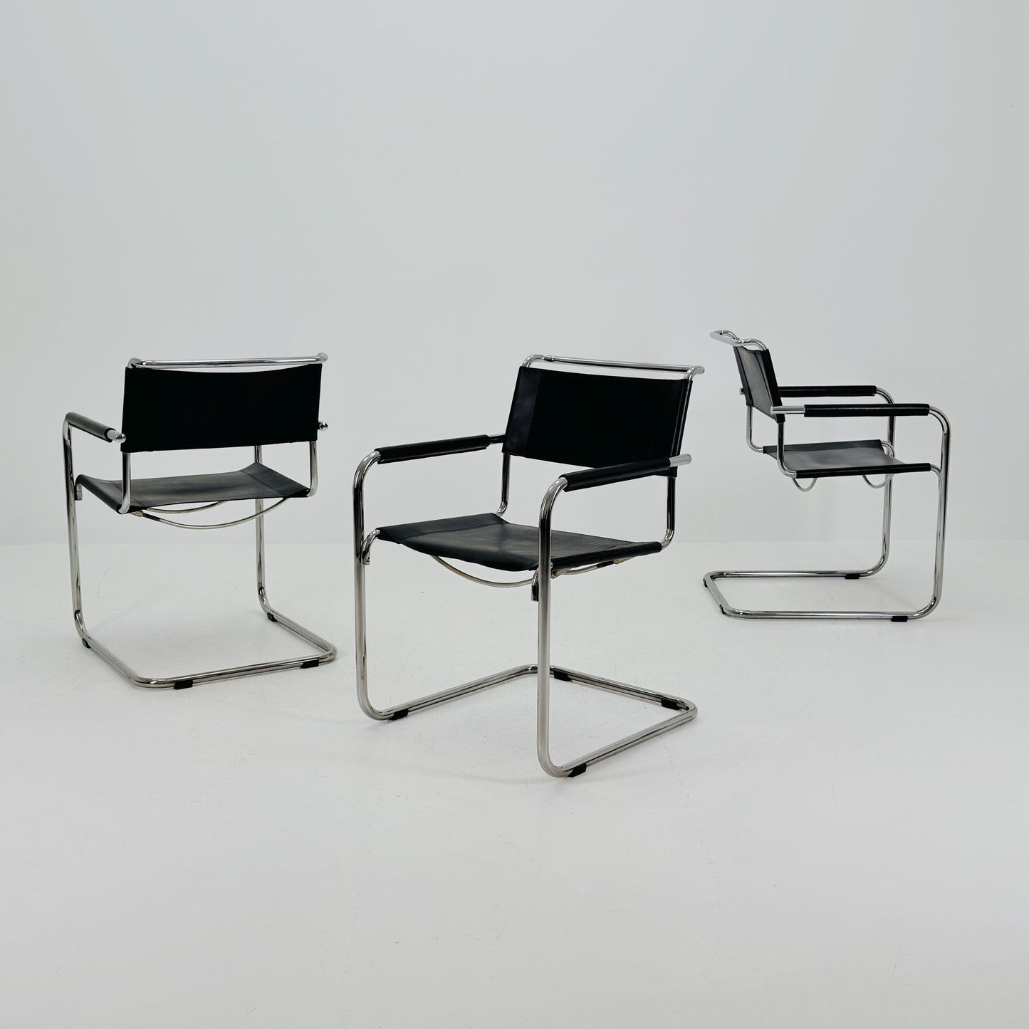 Set of 3 Iconic Black Leather S34 Cantilever Chairs by Mart Stam for Thonet – Bauhaus Design, 1980s
