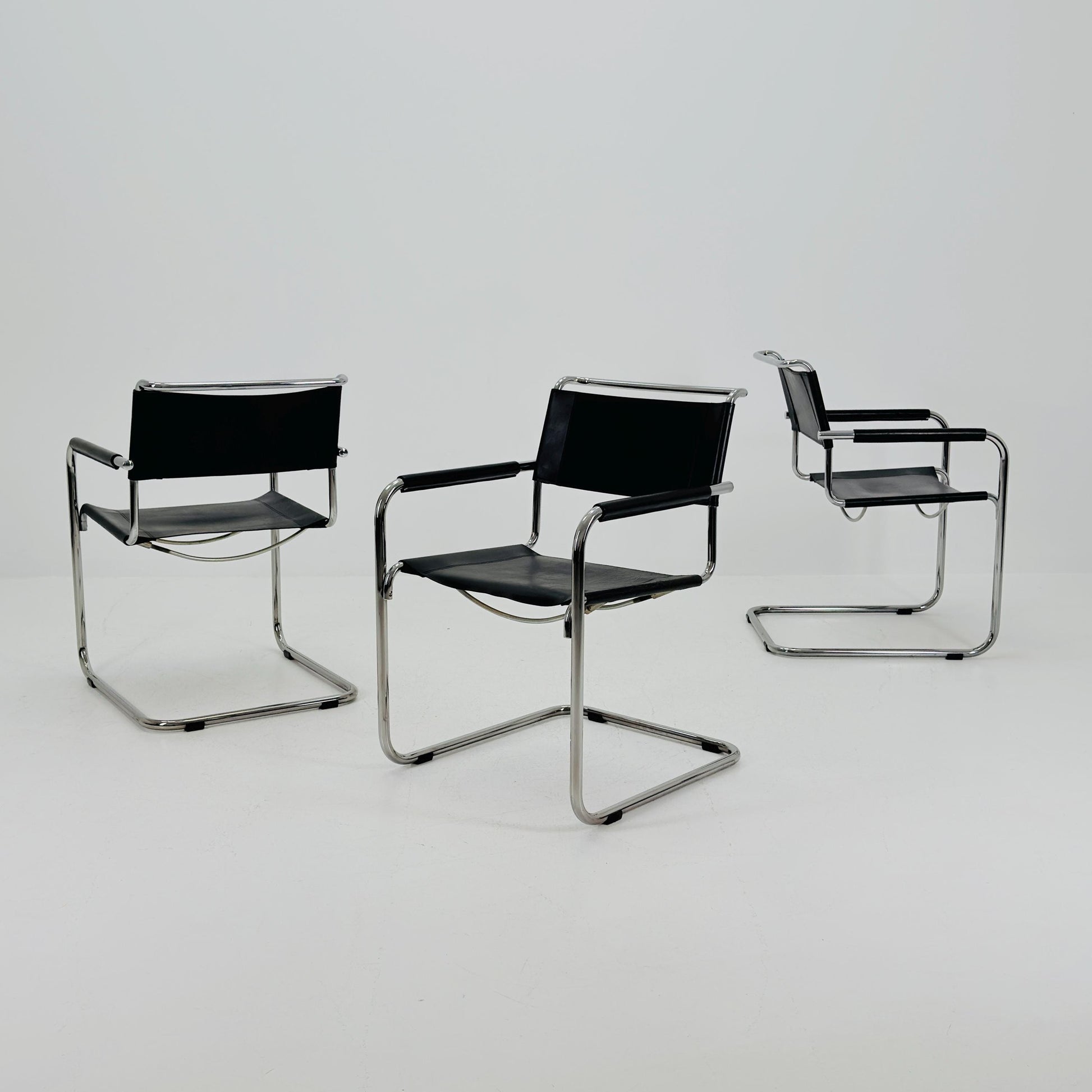 Set of 3 Iconic Black Leather S34 Cantilever Chairs by Mart Stam for Thonet – Bauhaus Design, 1980s