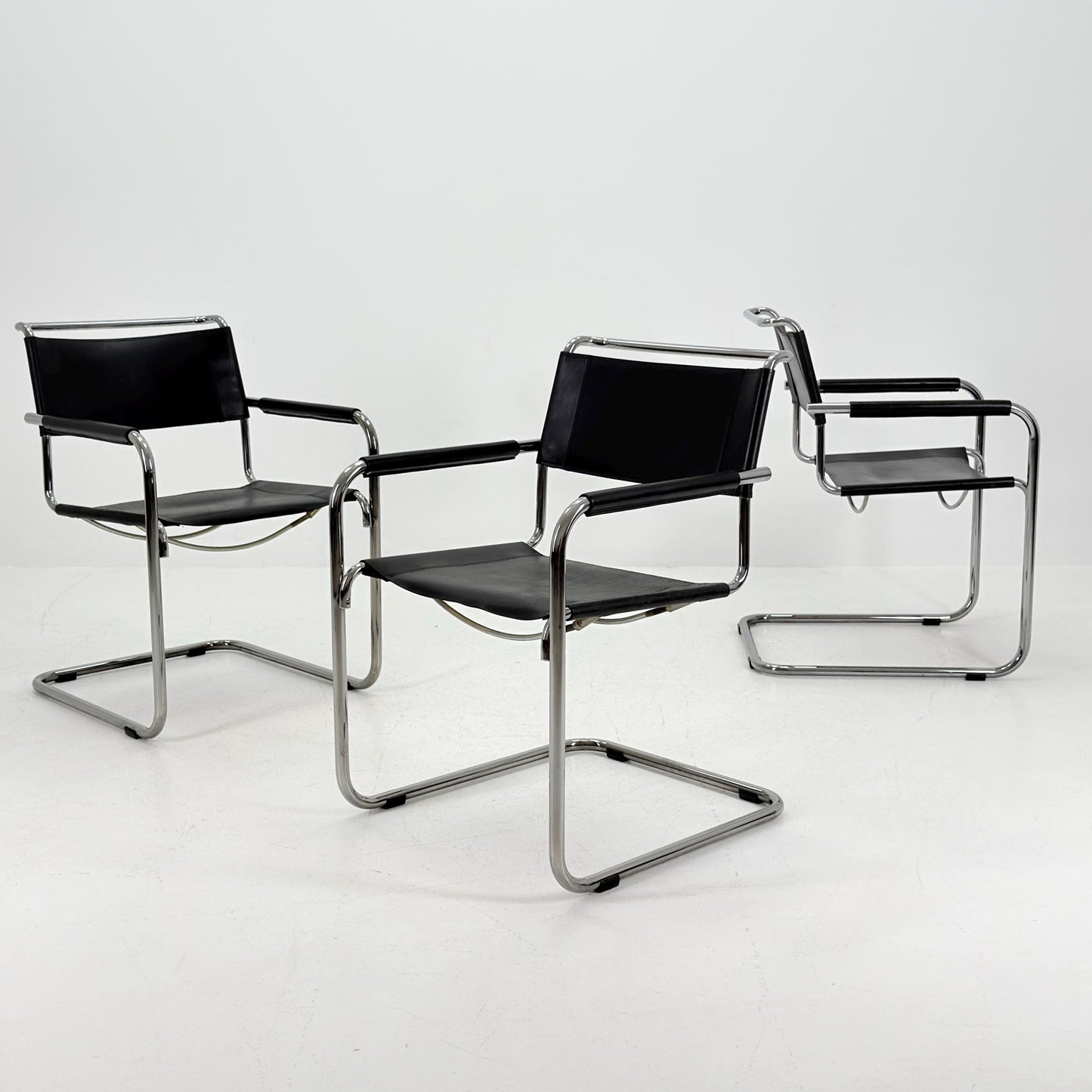 Set of 3 Iconic Black Leather S34 Cantilever Chairs by Mart Stam for Thonet – Bauhaus Design, 1980s