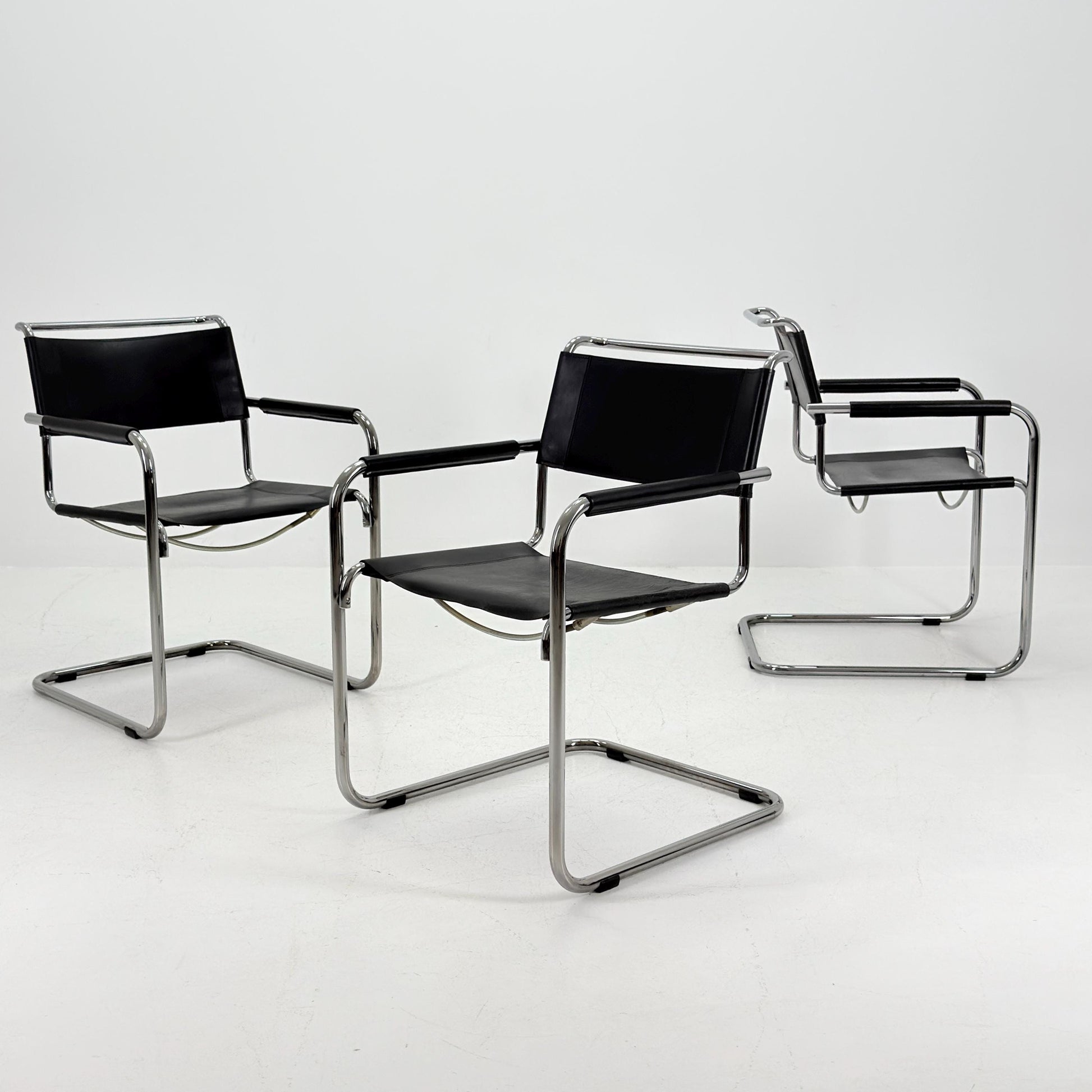 Set of 3 Iconic Black Leather S34 Cantilever Chairs by Mart Stam for Thonet – Bauhaus Design, 1980s