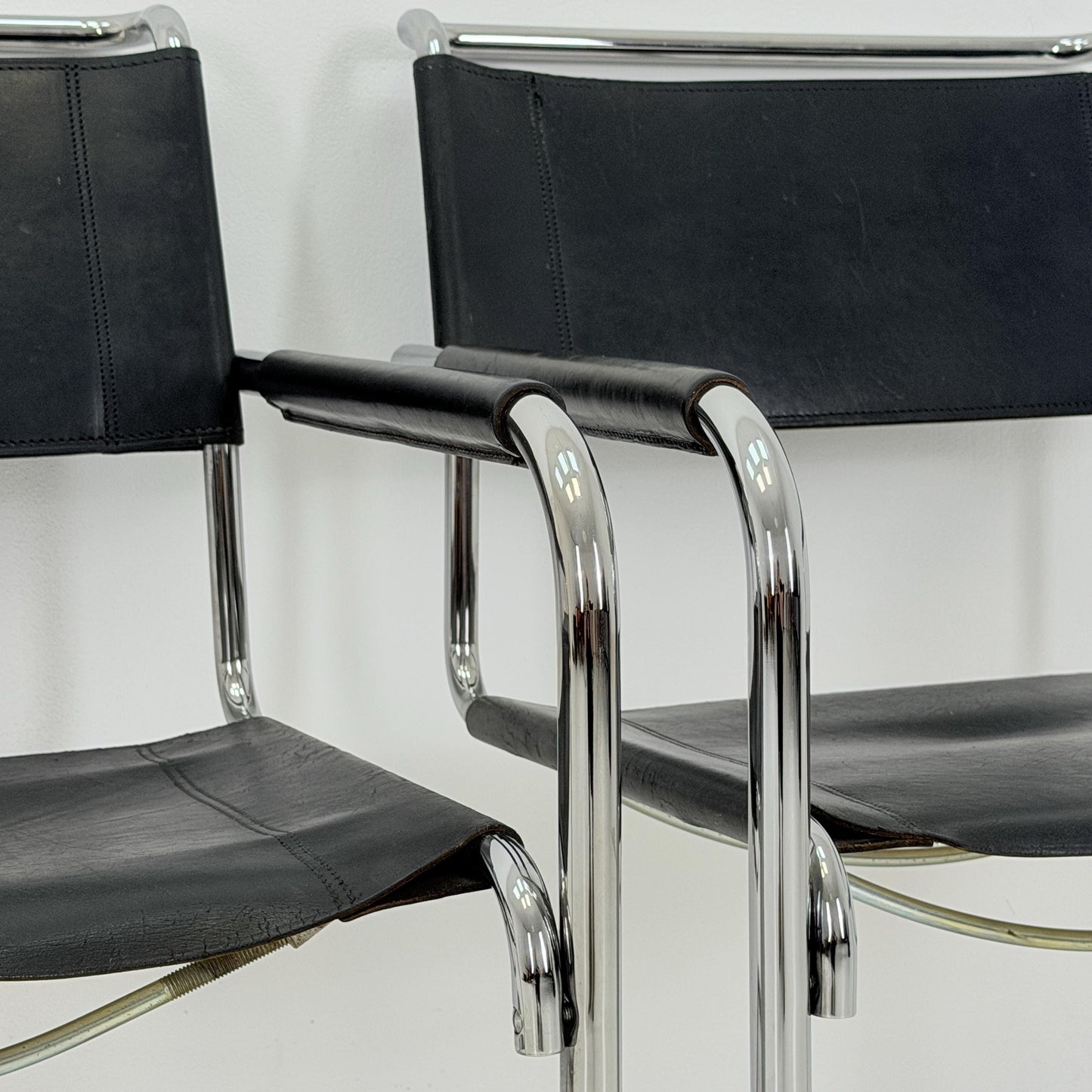 Set of 3 Iconic Black Leather S34 Cantilever Chairs by Mart Stam for Thonet – Bauhaus Design, 1980s