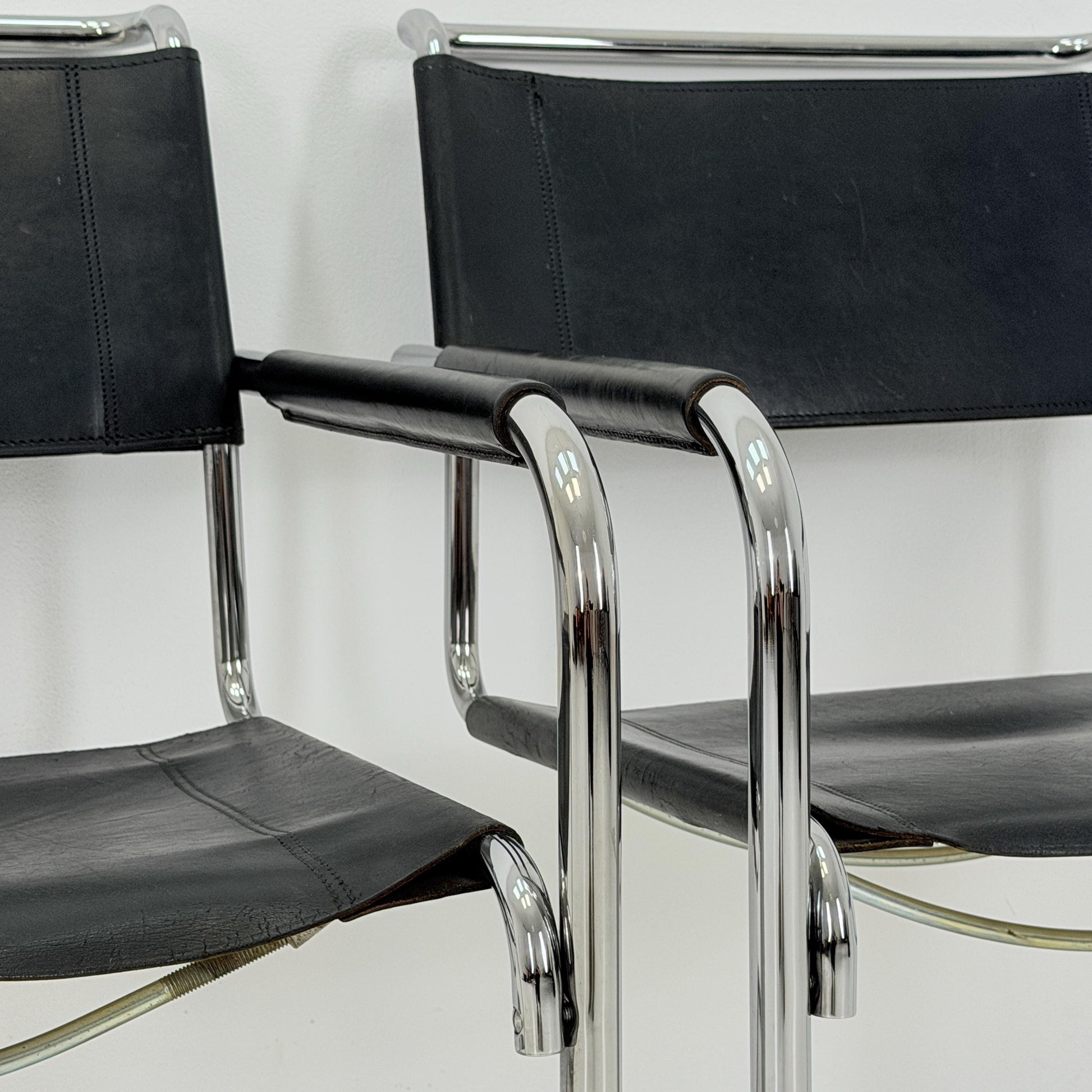 Set of 3 Iconic Black Leather S34 Cantilever Chairs by Mart Stam for Thonet – Bauhaus Design, 1980s