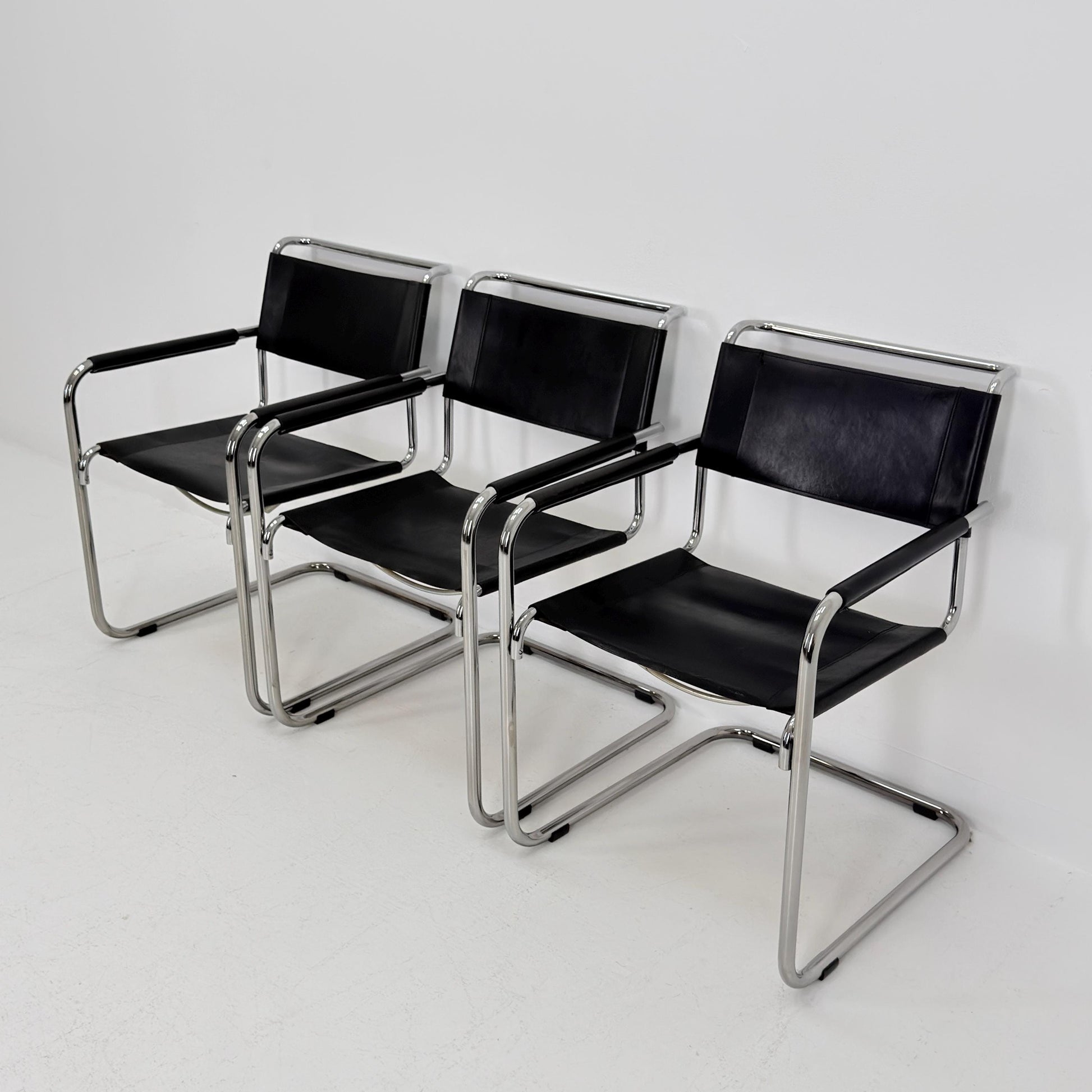Set of 3 Iconic Black Leather S34 Cantilever Chairs by Mart Stam for Thonet – Bauhaus Design, 1980s