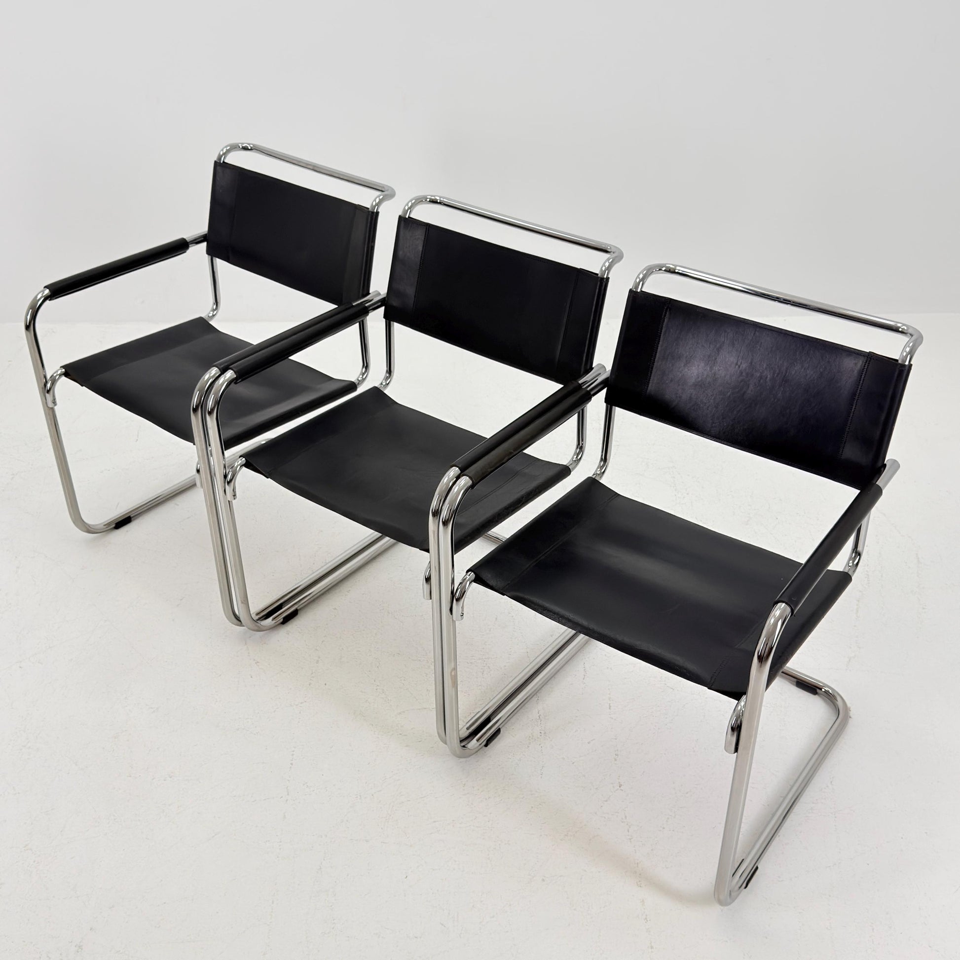 Set of 3 Iconic Black Leather S34 Cantilever Chairs by Mart Stam for Thonet – Bauhaus Design, 1980s
