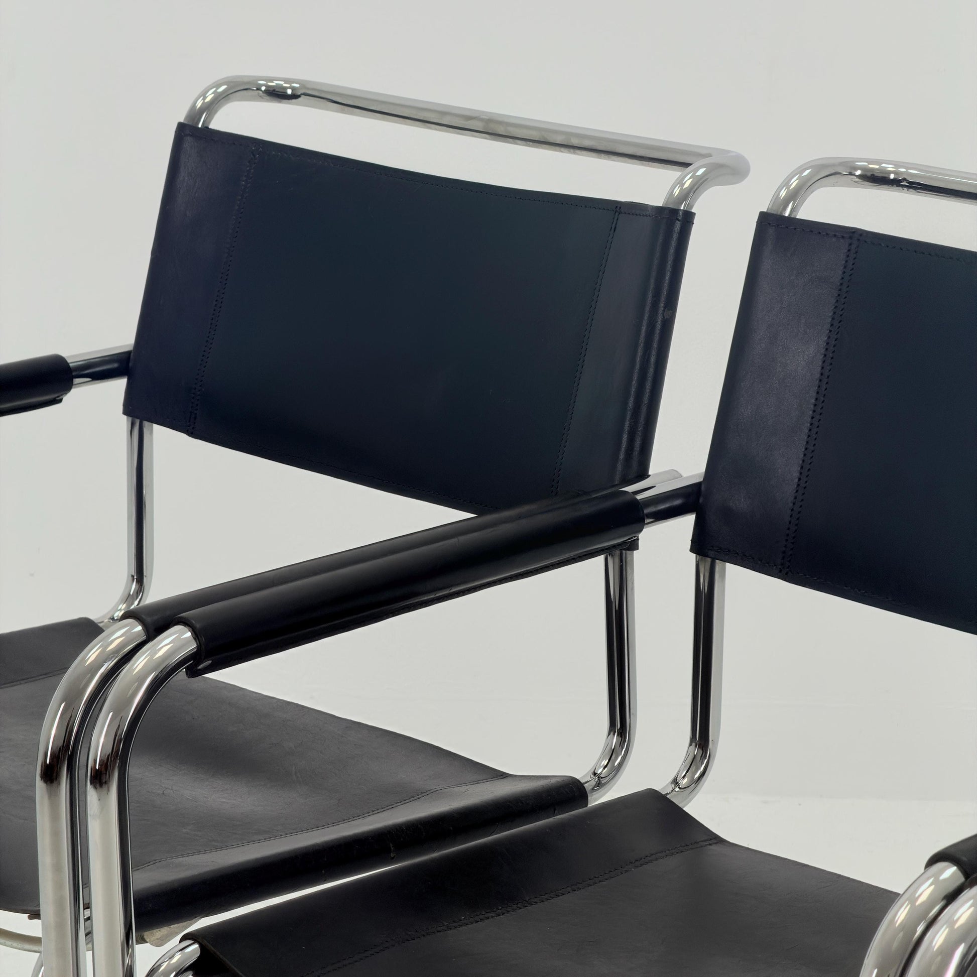 Set of 3 Iconic Black Leather S34 Cantilever Chairs by Mart Stam for Thonet – Bauhaus Design, 1980s