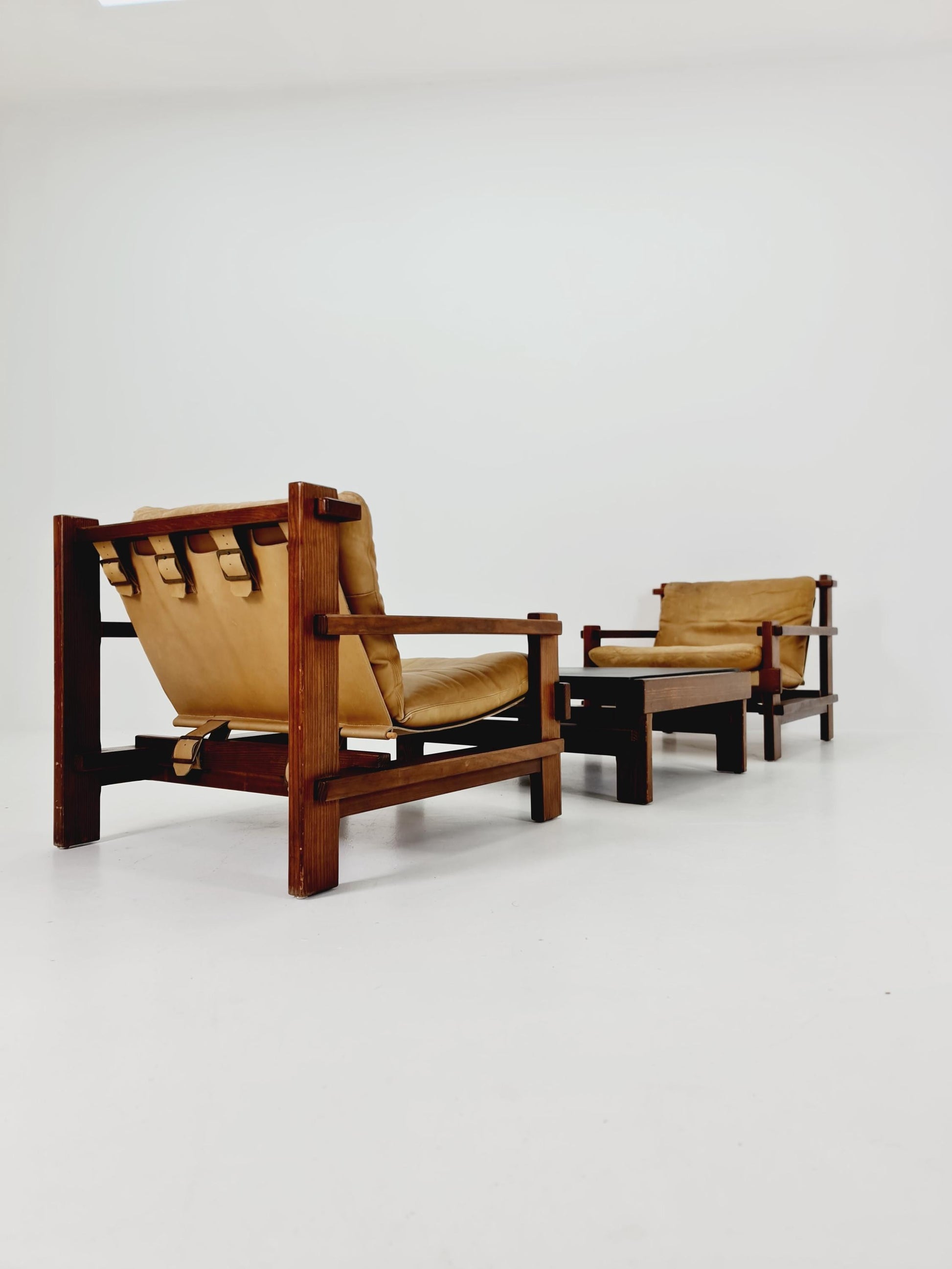 mid century armchairs Set with coffe table in leather and wood By Carl Straub Germany , 1960s