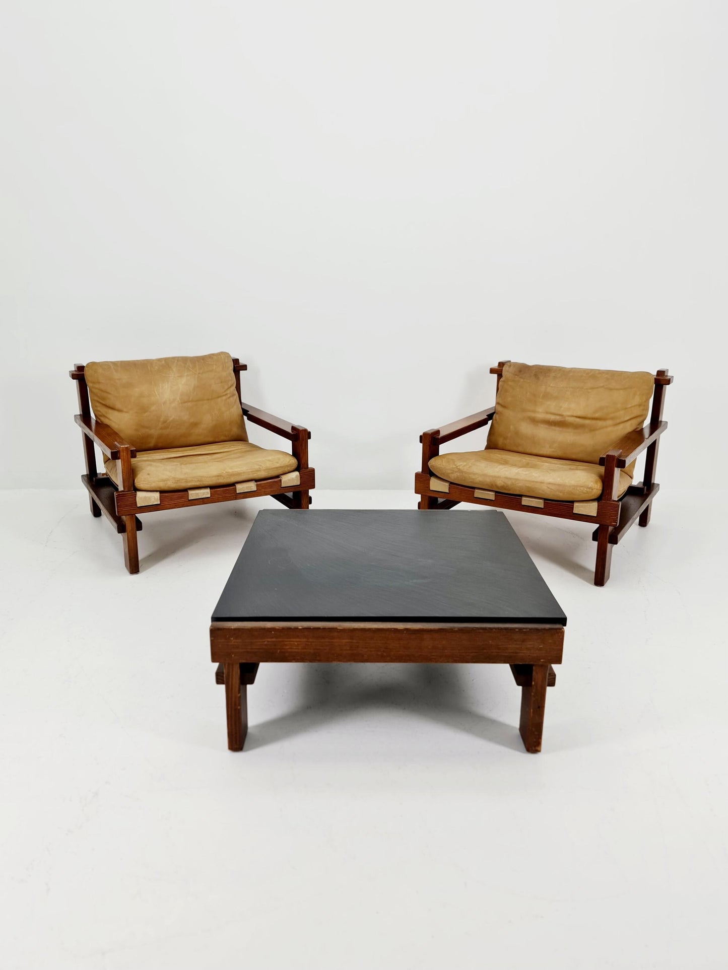 mid century armchairs Set with coffe table in leather and wood By Carl Straub Germany , 1960s