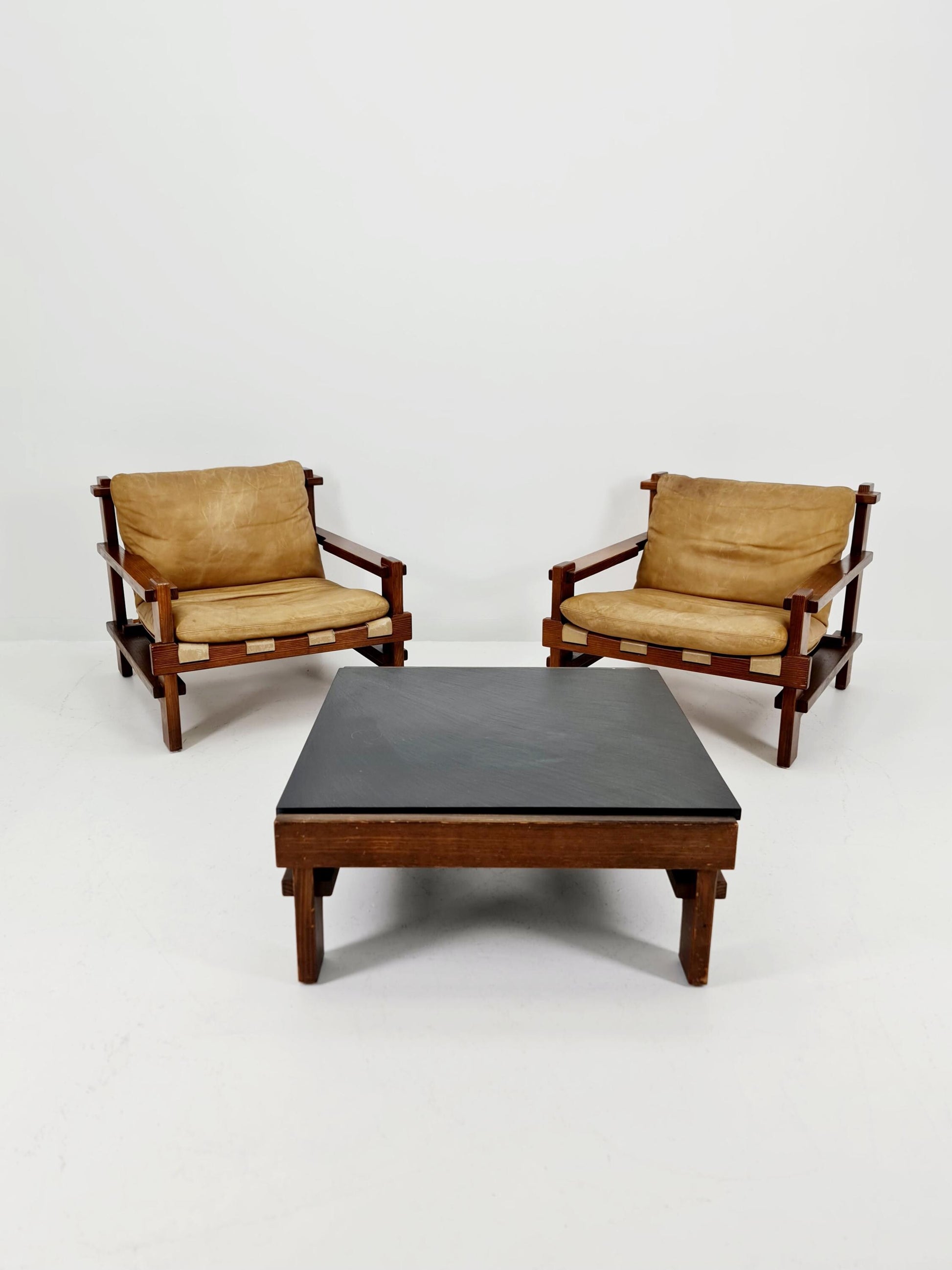 mid century armchairs Set with coffe table in leather and wood By Carl Straub Germany , 1960s