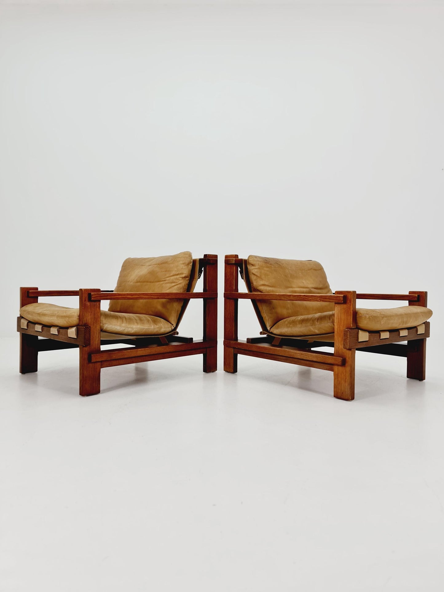 mid century armchairs Set with coffe table in leather and wood By Carl Straub Germany , 1960s