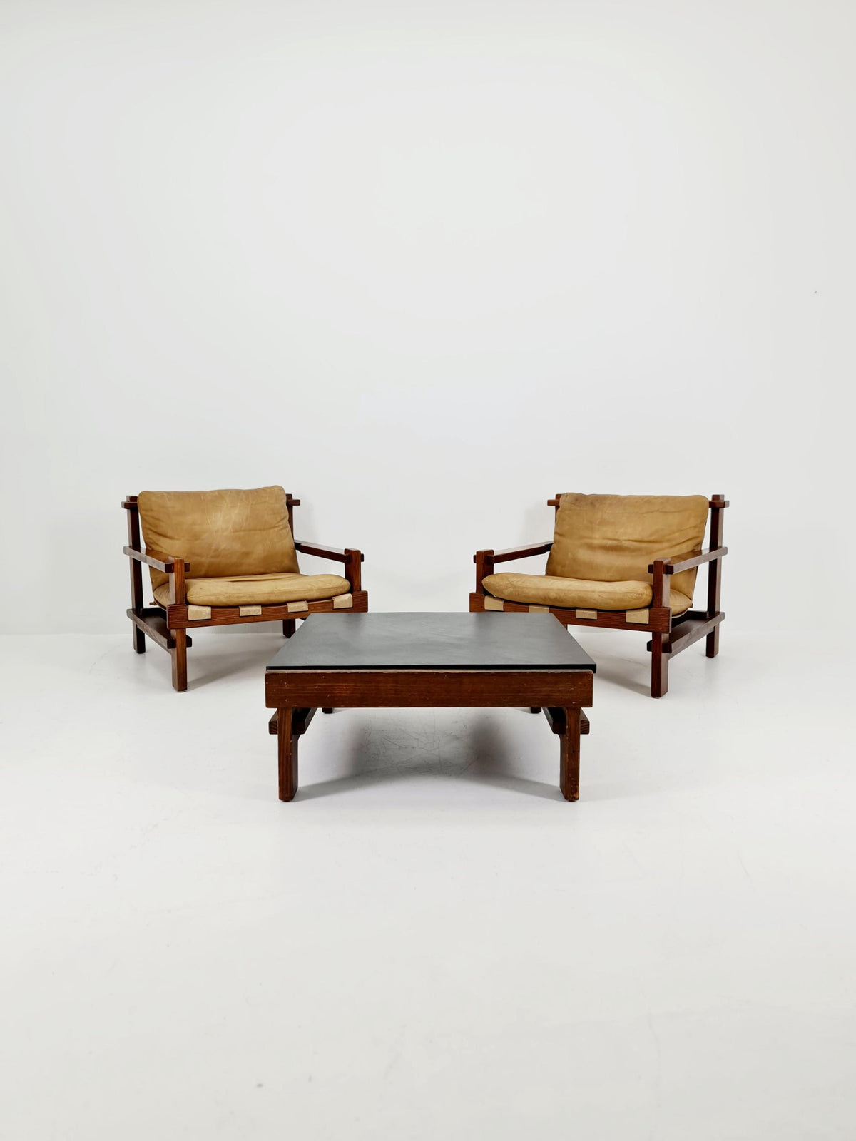 mid century armchairs Set with coffe table in leather and wood By Carl Straub Germany , 1960s